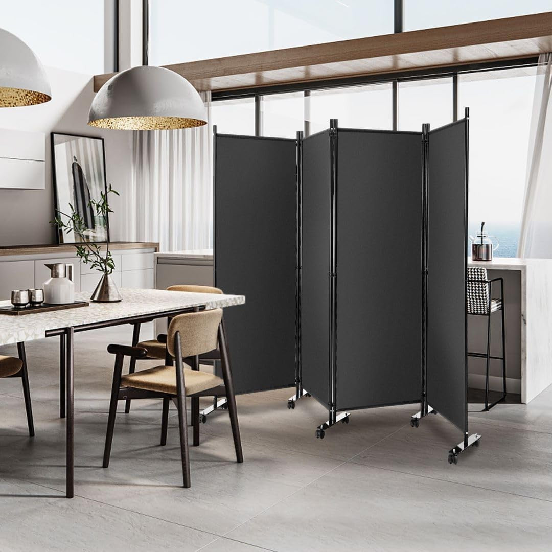 4 Panel Grey Folding Room Divider Privacy Screen on Wheels for Home Office