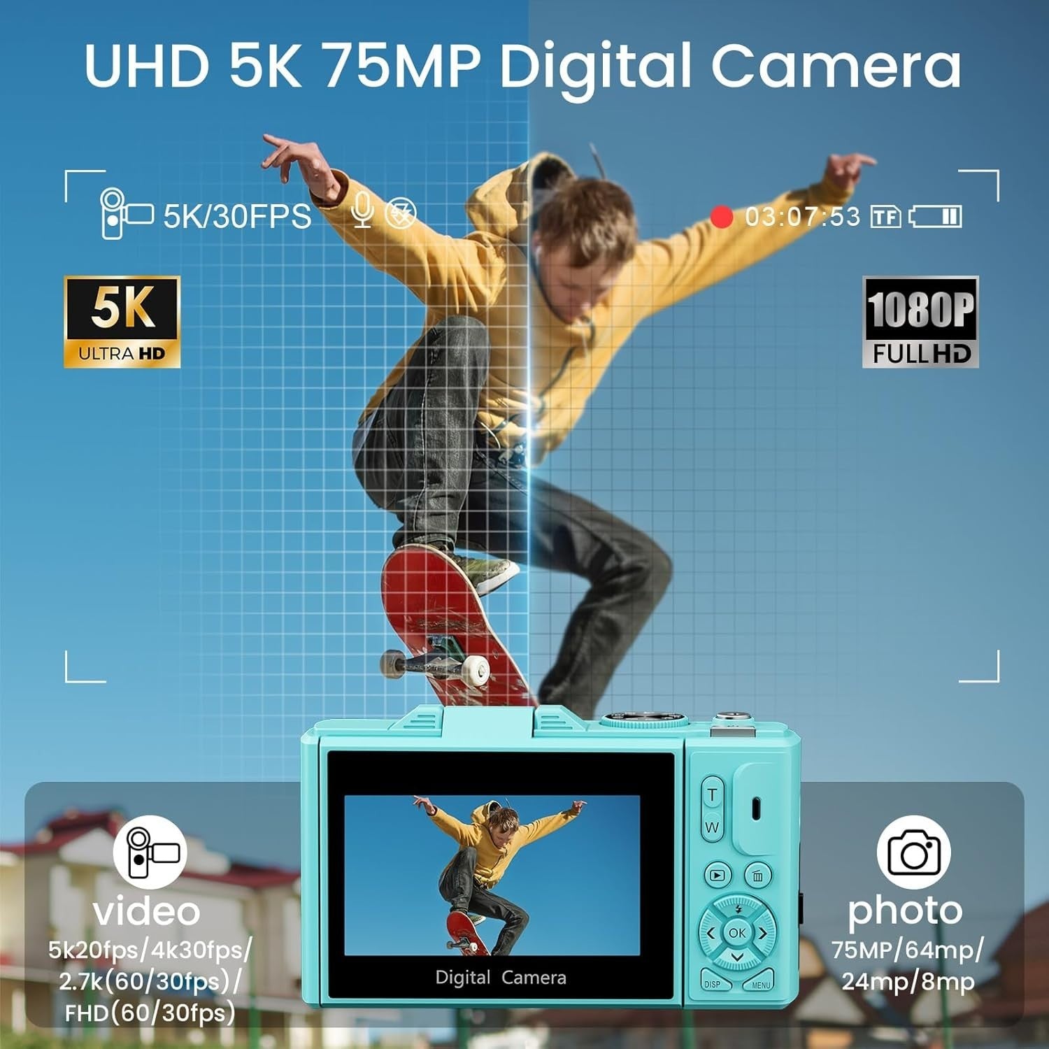 5K 75MP Vlogging Camera WiFi Flip Screen Zoom Camera Blue 64GB