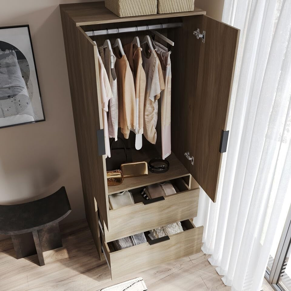 Tall Oak Bedroom Wardrobe 2 Door 2 Drawer Storage Hanging Rail Unit
