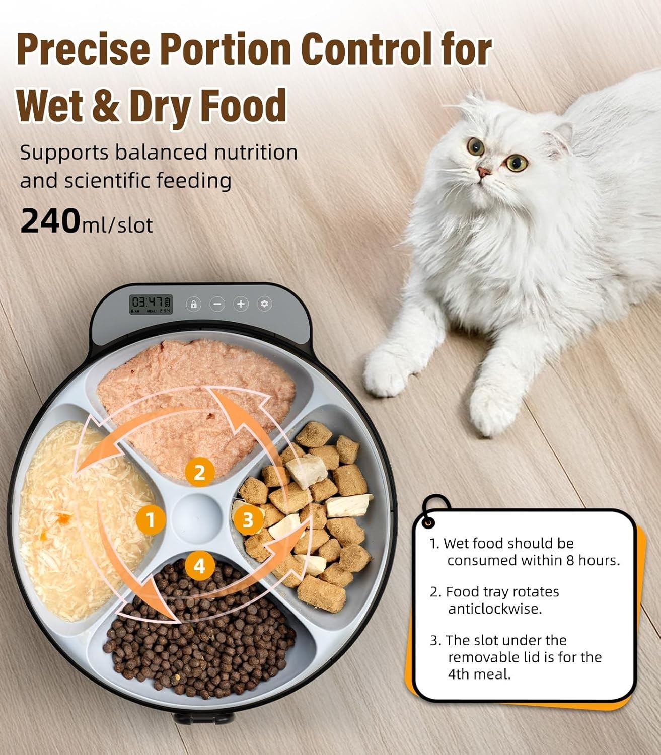 Cordless Automatic Cat Feeder Wet Dry Food 4 Meal Timer Ice Packs LCD