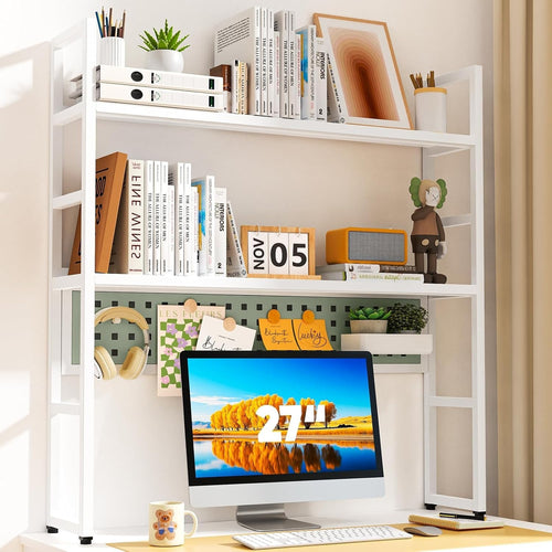 35.4" Desk Hutch Shelf with Pegboard | 2-Tier Metal Desktop Organizer