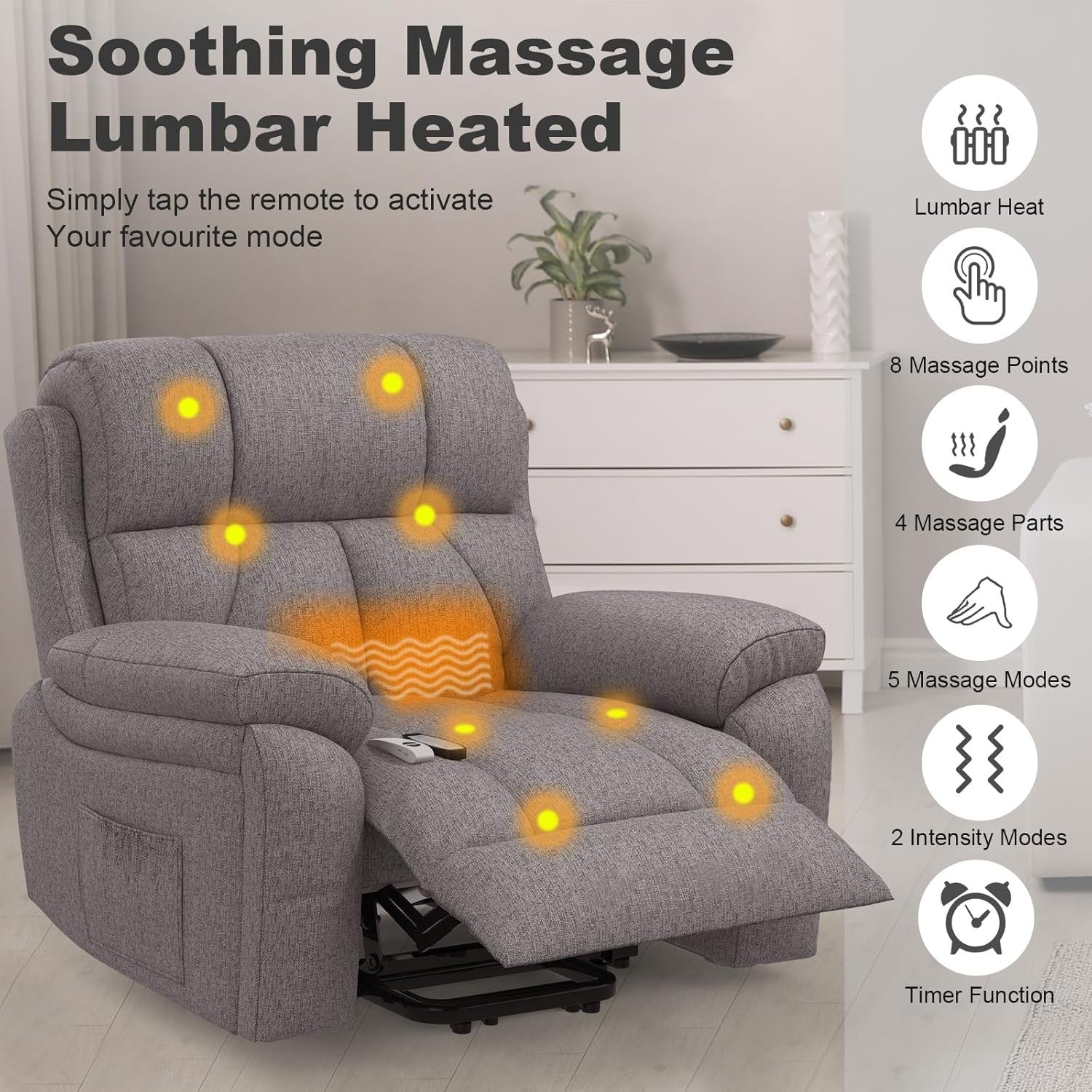 Oversized Lift Recliner Chair w/ Massage Heat USB-C Footrest for Elderly Grey