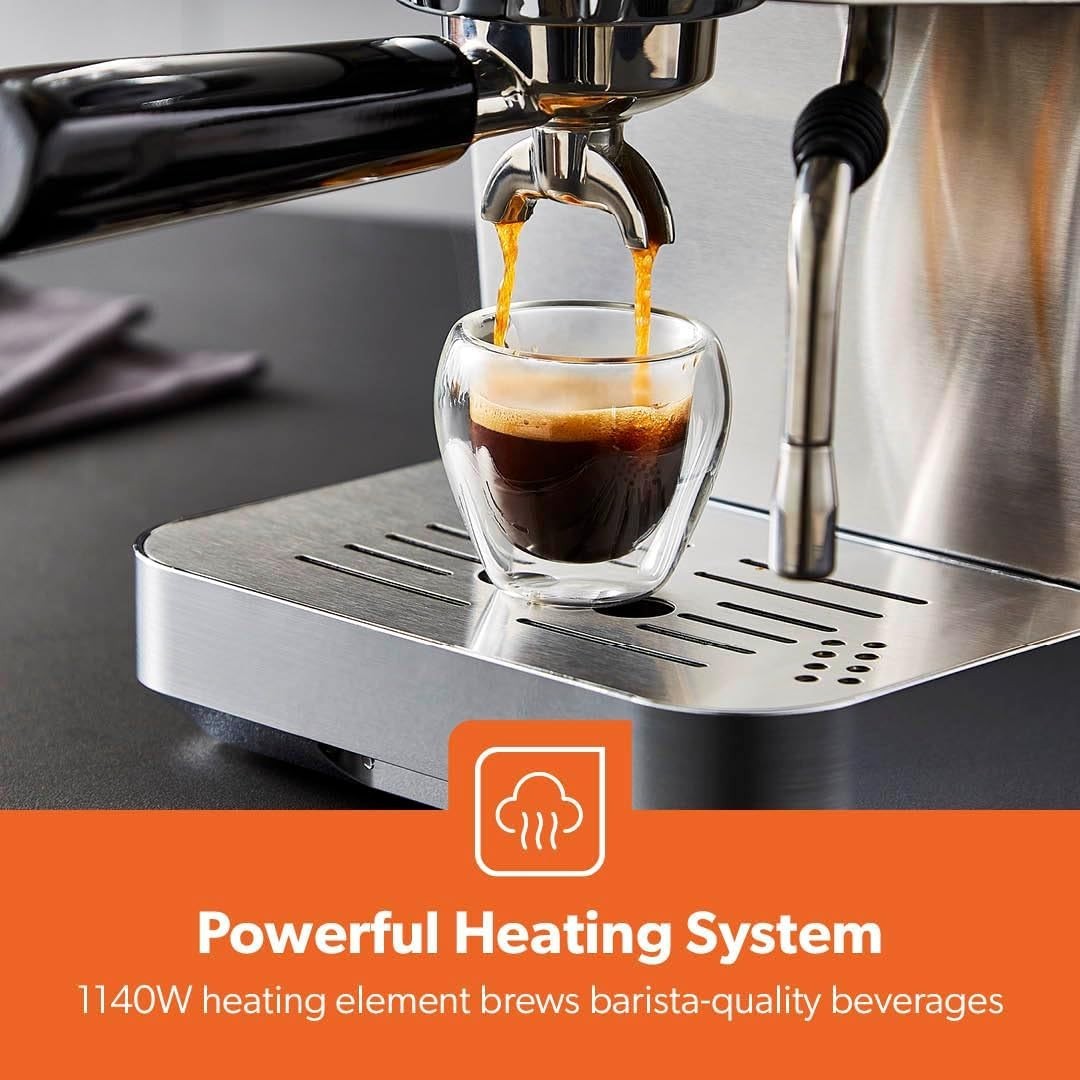 15 Bar Espresso Machine 1.8L | Milk Frother | Precision Gauge | 1140W Steel