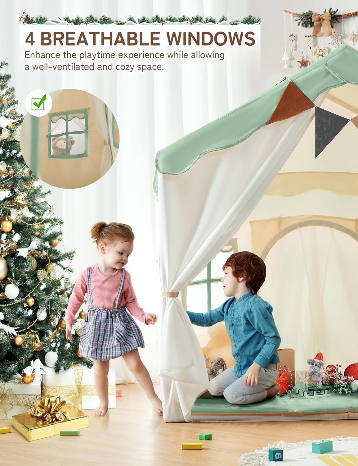 Kids 2in1 Playhouse Tent Bed Canopy with Lights Padded Indoor Green