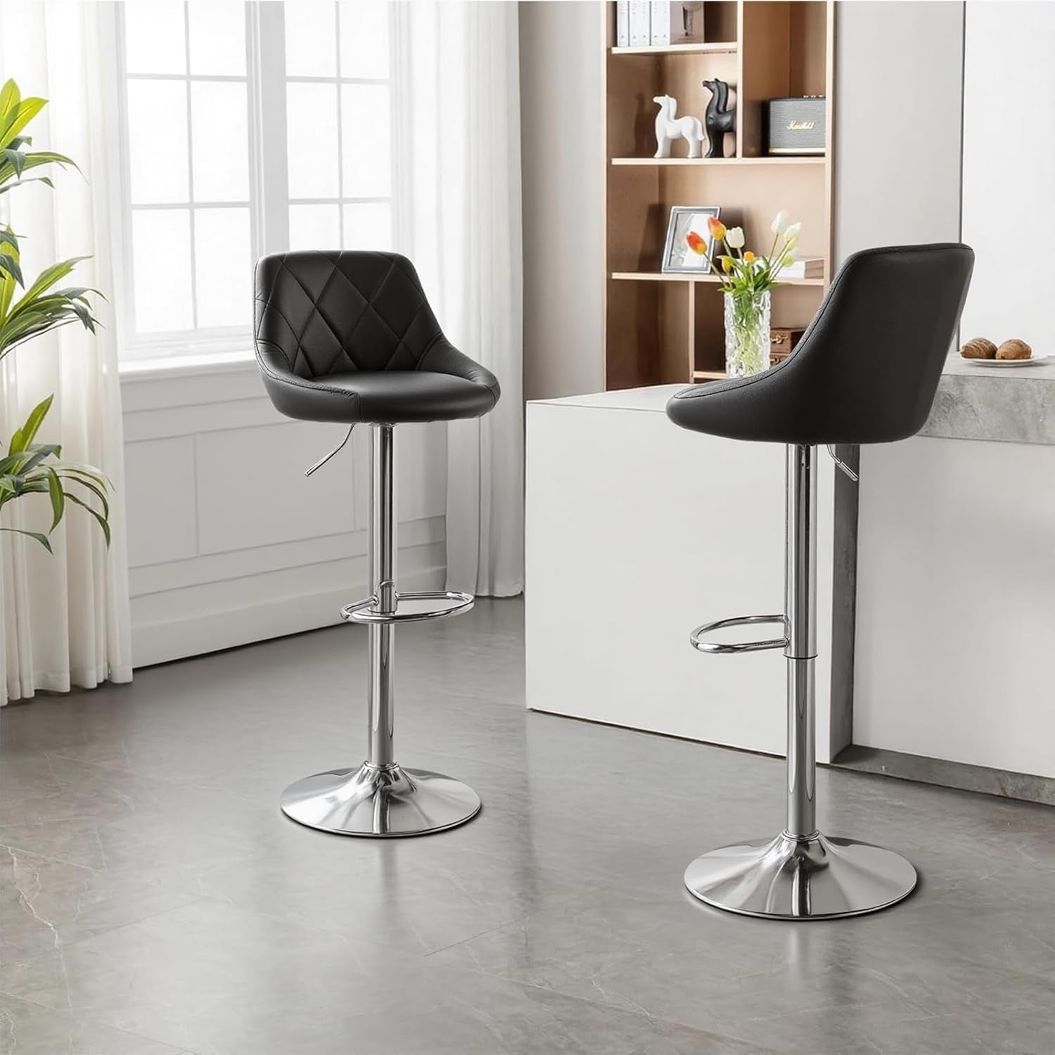 Pair of Adjustable Swivel Bar Stools in Black with Rectangular Design
