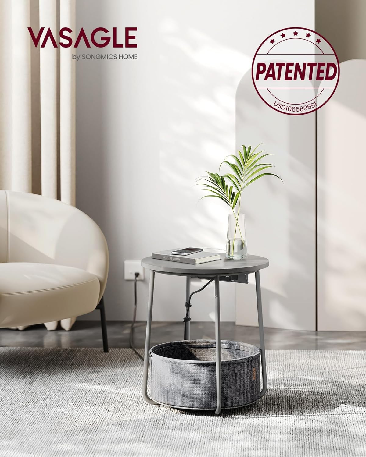 Grey Round Bedside Table with Charging Station & Fabric Basket Storage