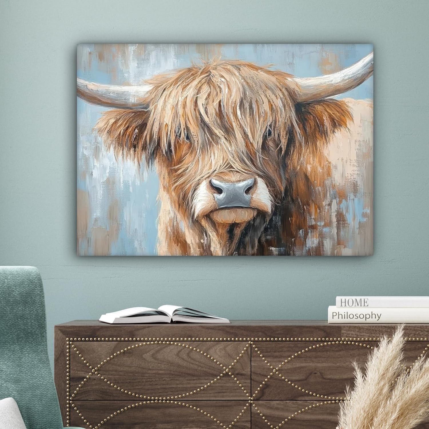 Highland Cow Canvas Wall Art Rustic Farm Animal 80x60cm Living Room Decor