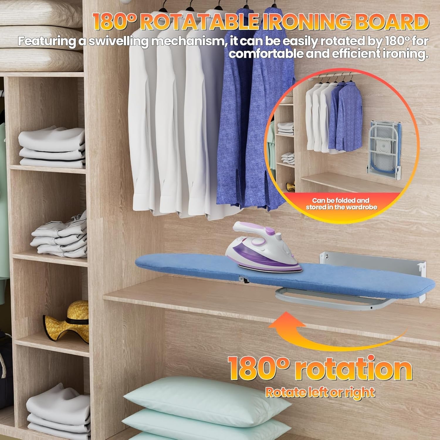 Wall Mounted Folding Ironing Board 180° Rotating Heat Resistant Cover