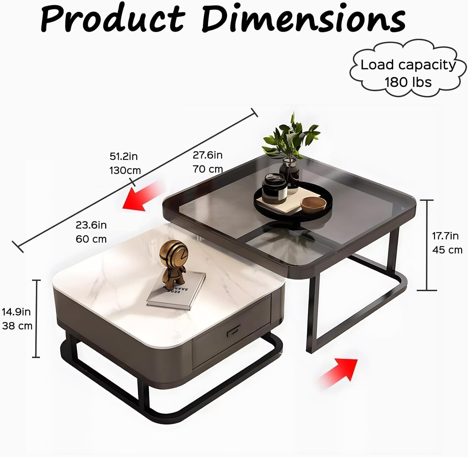 2-in-1 Nesting Coffee Table Set w/ Storage Drawer, Square Marble & Glass Top