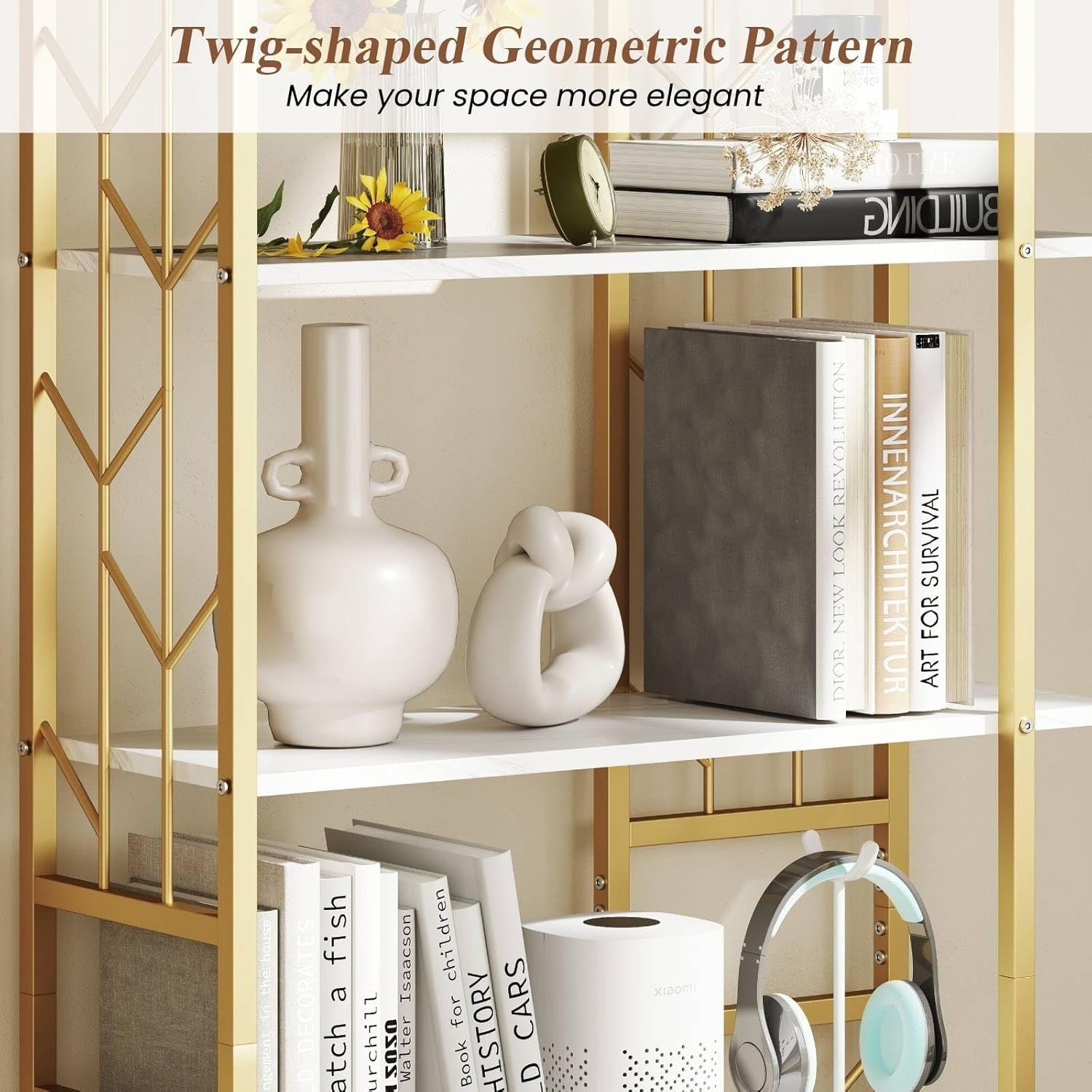 6-Tier Gold & White Bookshelf Modern Display Storage Unit Heavy-Duty Metal Frame