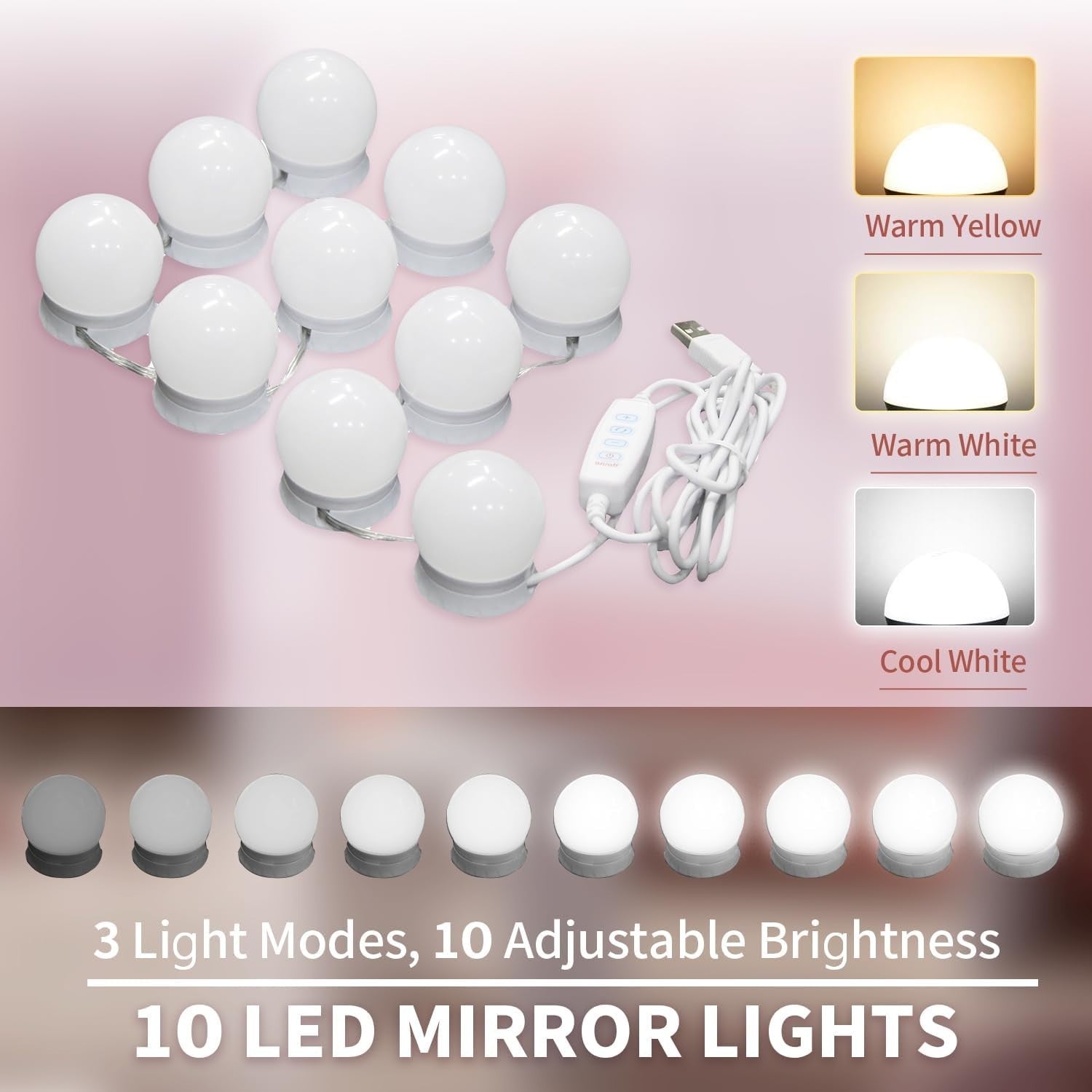 Pink Vanity Makeup Dressing Table Mirror Set Hollywood LED Lights Drawer 66x140c
