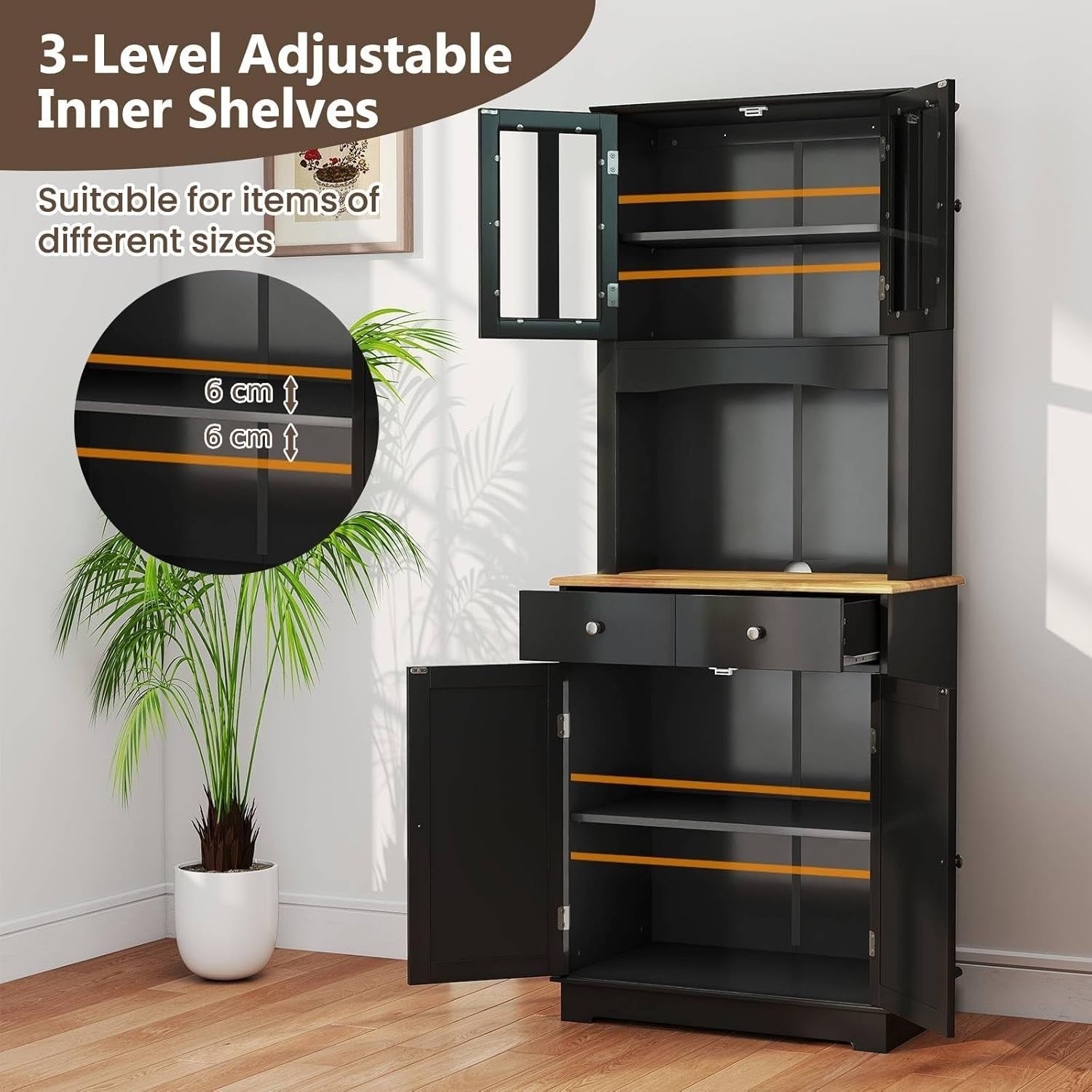 Black Tall Kitchen Cupboard Pantry Storage Cabinet 170cm Storage Units