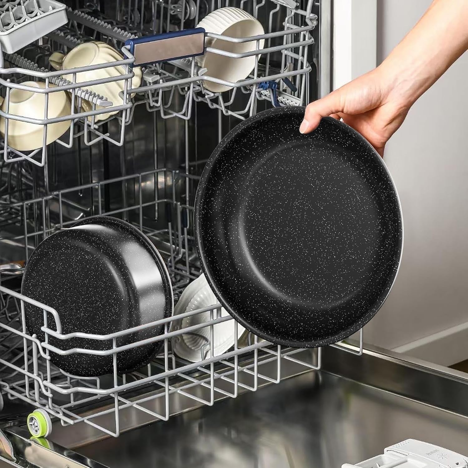 5Pcs Black Pots Pans Set with Glass Lids & Detachable Handle Induction Safe