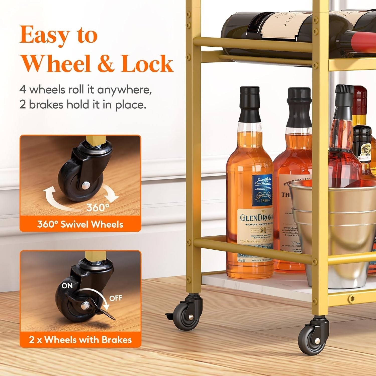 Gold 3 Tier Bar Cart with Wine Rack & Glass Holder | Drinks Trolley on Wheels