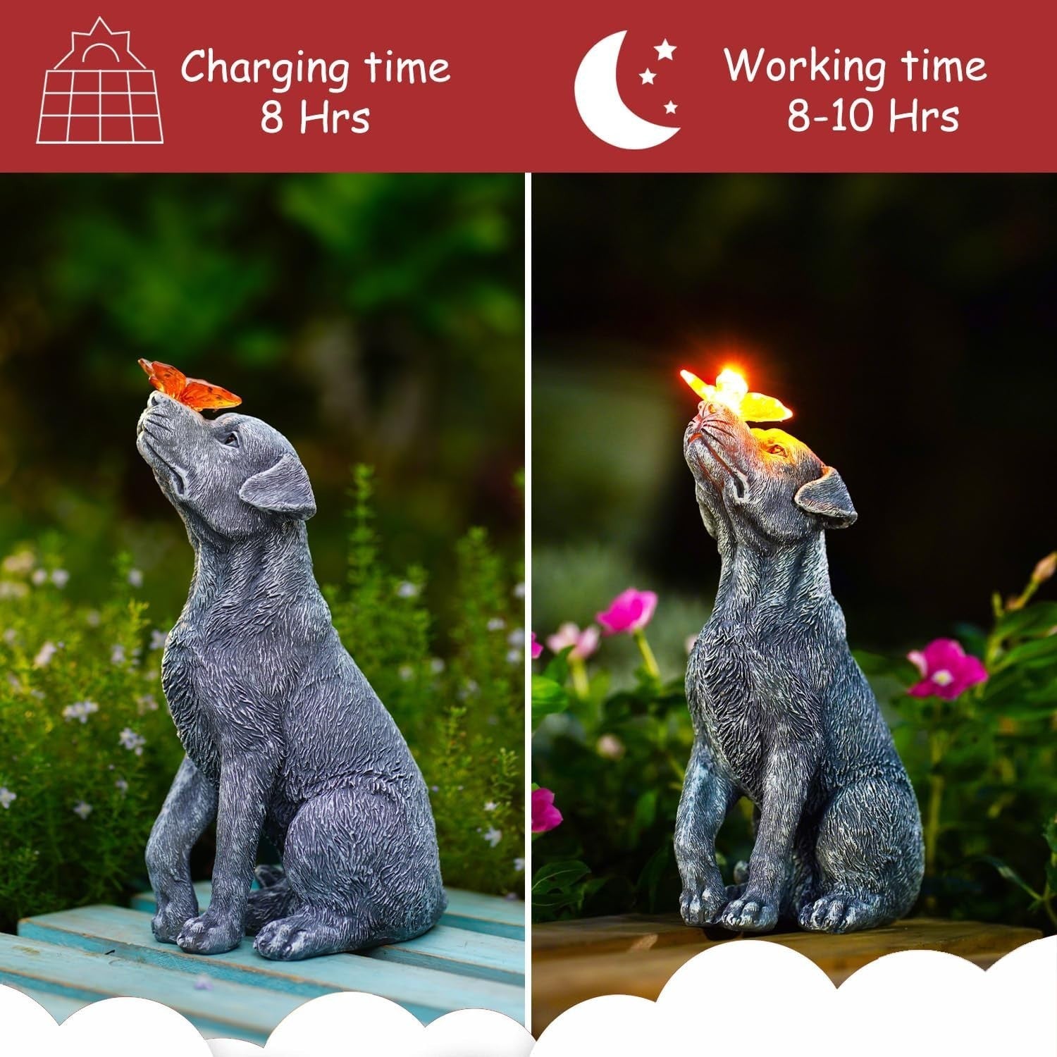 Solar Dog Garden Ornament with Lighted Butterfly Resin Waterproof Outdoor Decor