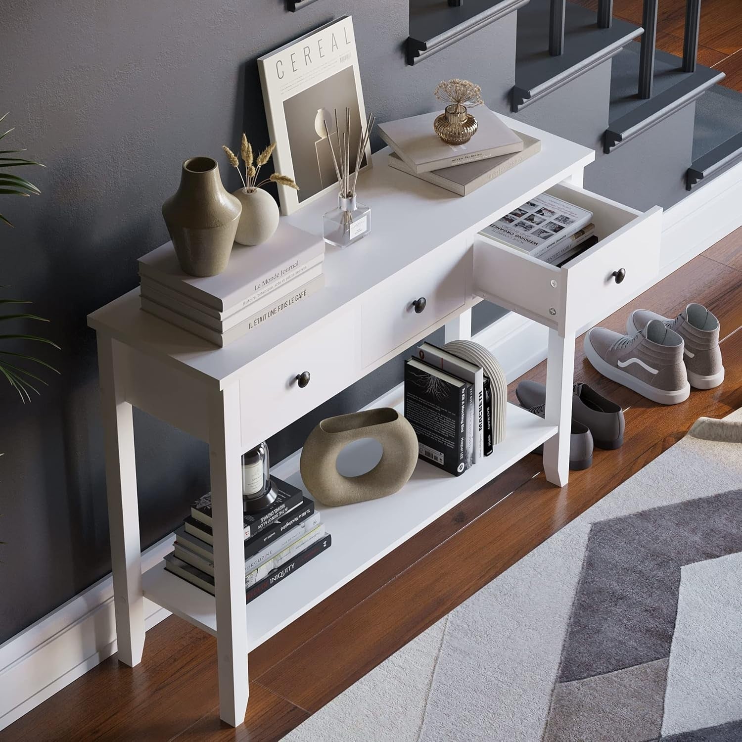 White Hallway Console Table 3 Drawer Storage Shelf Modern Slim Entryway