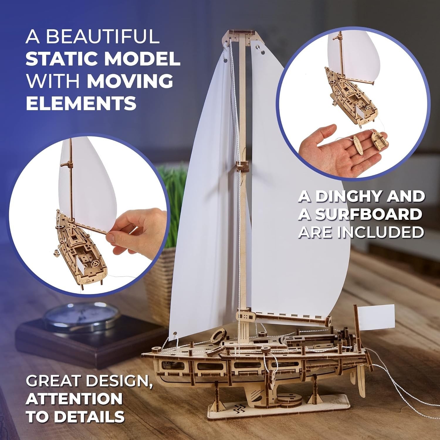 3D Wooden Sailing Yacht Puzzle Model with Stand & Realistic Moving Parts