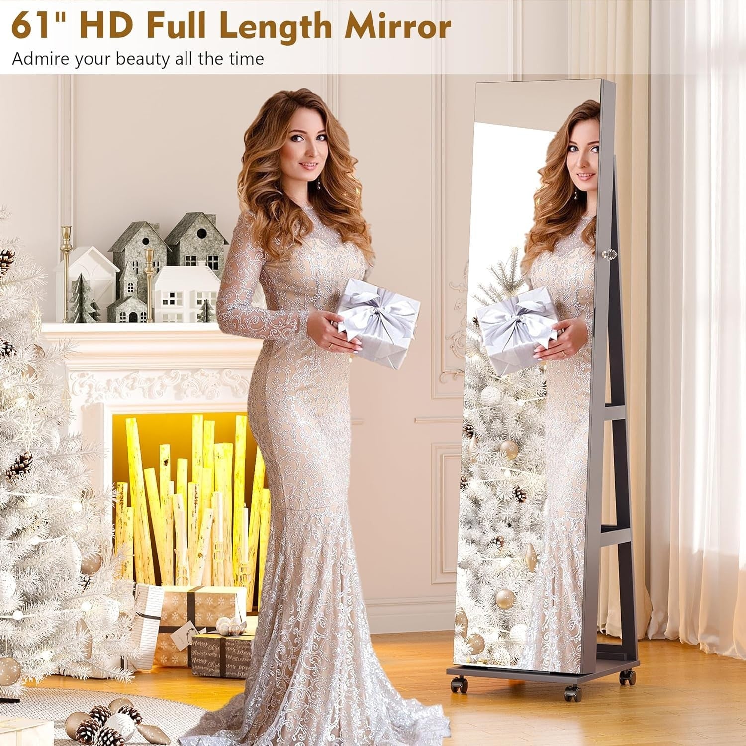 360° Swivel Jewelry Cabinet LED Full Length Mirror Rolling Storage Gray