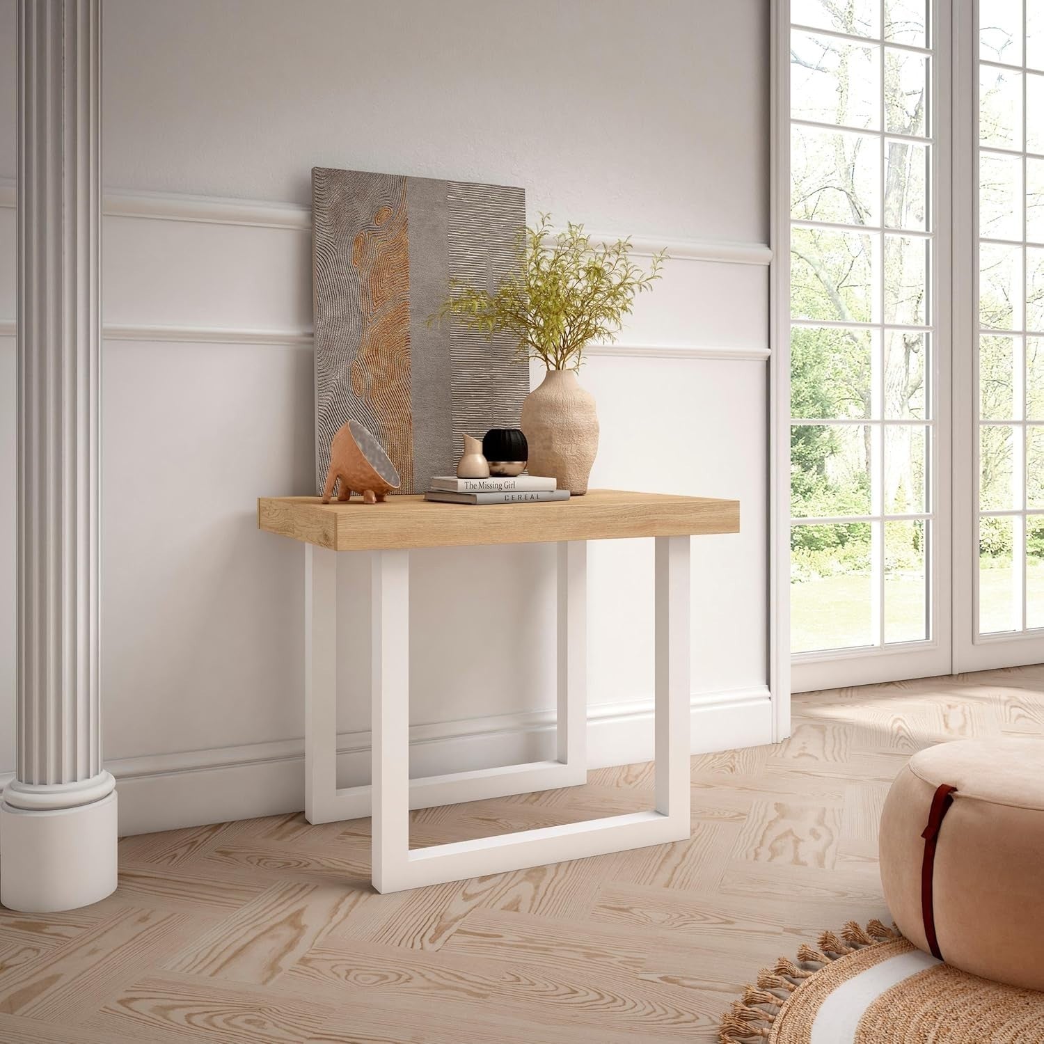 Extendable Folding Dining Table for 8, Oak Wood, Solid Legs, Modern
