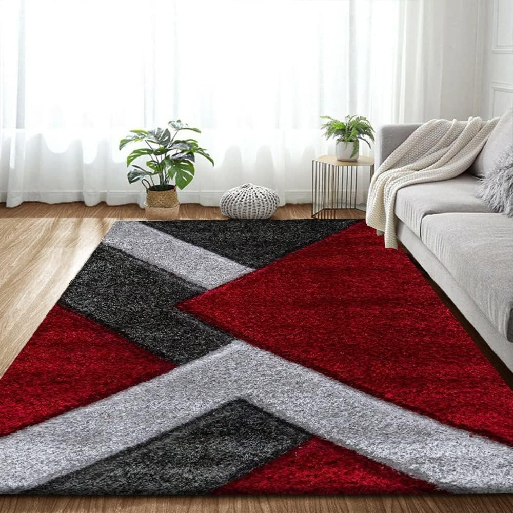 Red Grey Shaggy Rug 120x170cm Soft Non Shed Modern Living Room Carpet