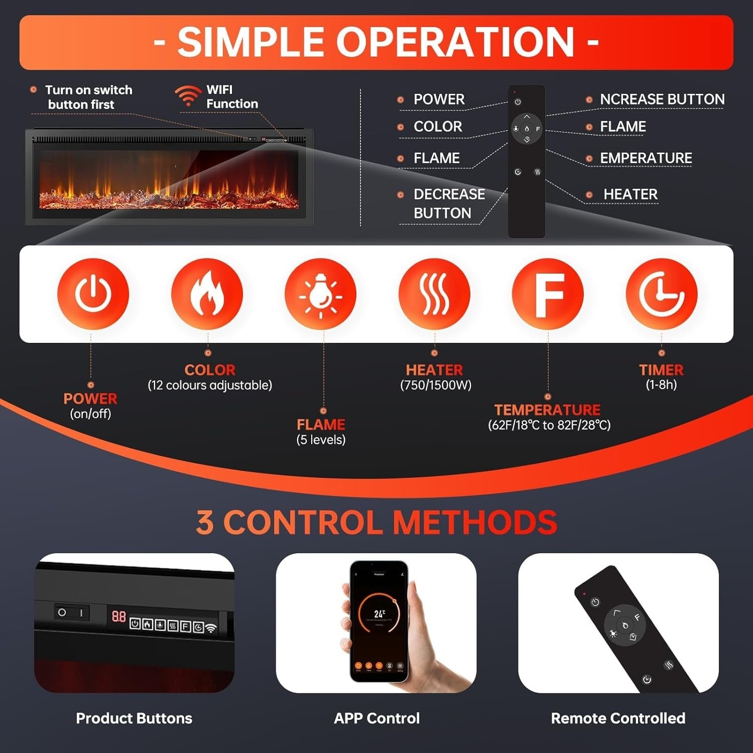 Electric Fireplace 40" Wall Mounted Heater WiFi LED Flame Remote Log Set