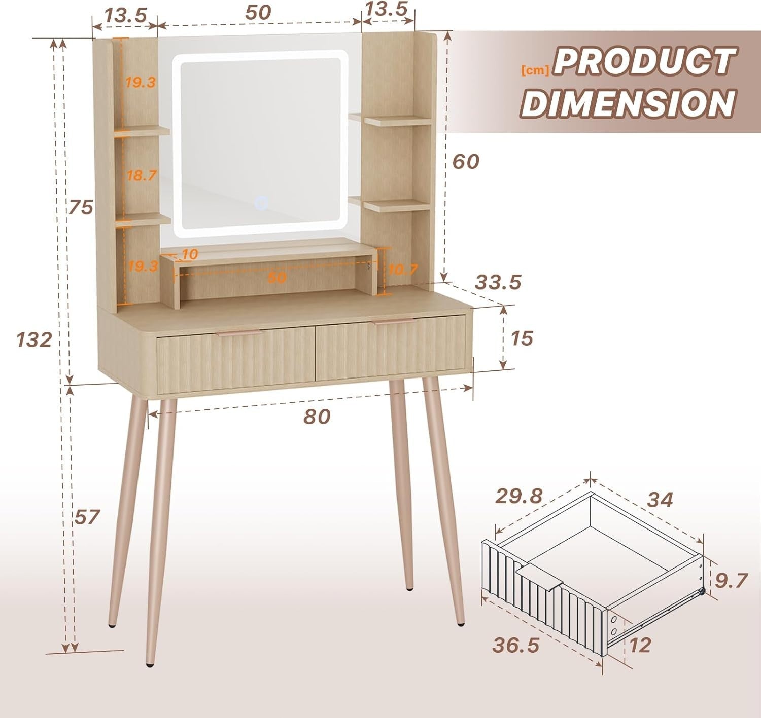 Vanity Makeup Dressing Table Desk w/ 3-Color LED Lights Mirror Storage Oak