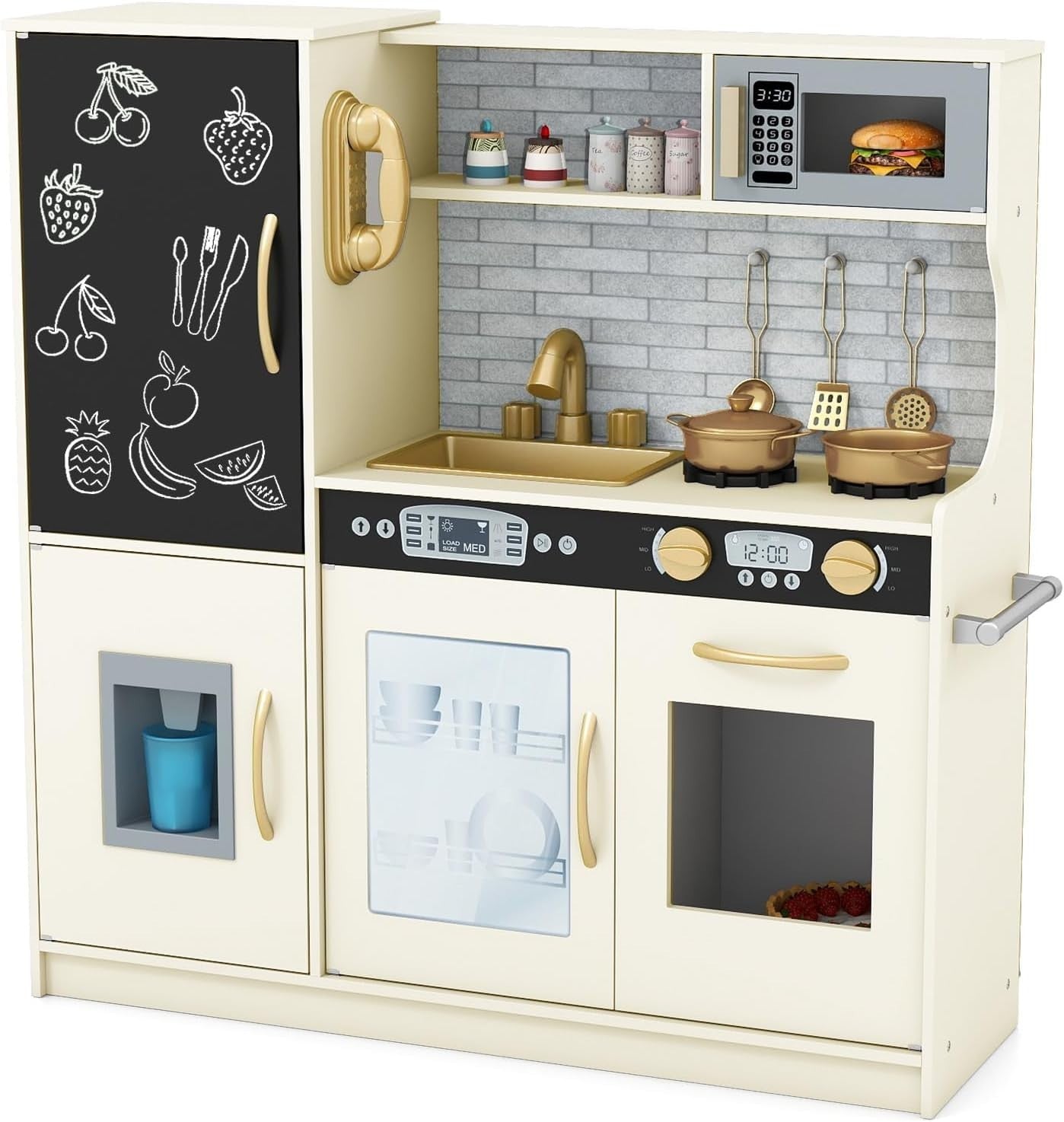 Kids Wooden Play Kitchen w/ Ice Maker Chalkboard Yellow Toy