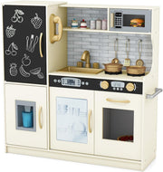 Kids Wooden Play Kitchen w/ Ice Maker Chalkboard Yellow Toy