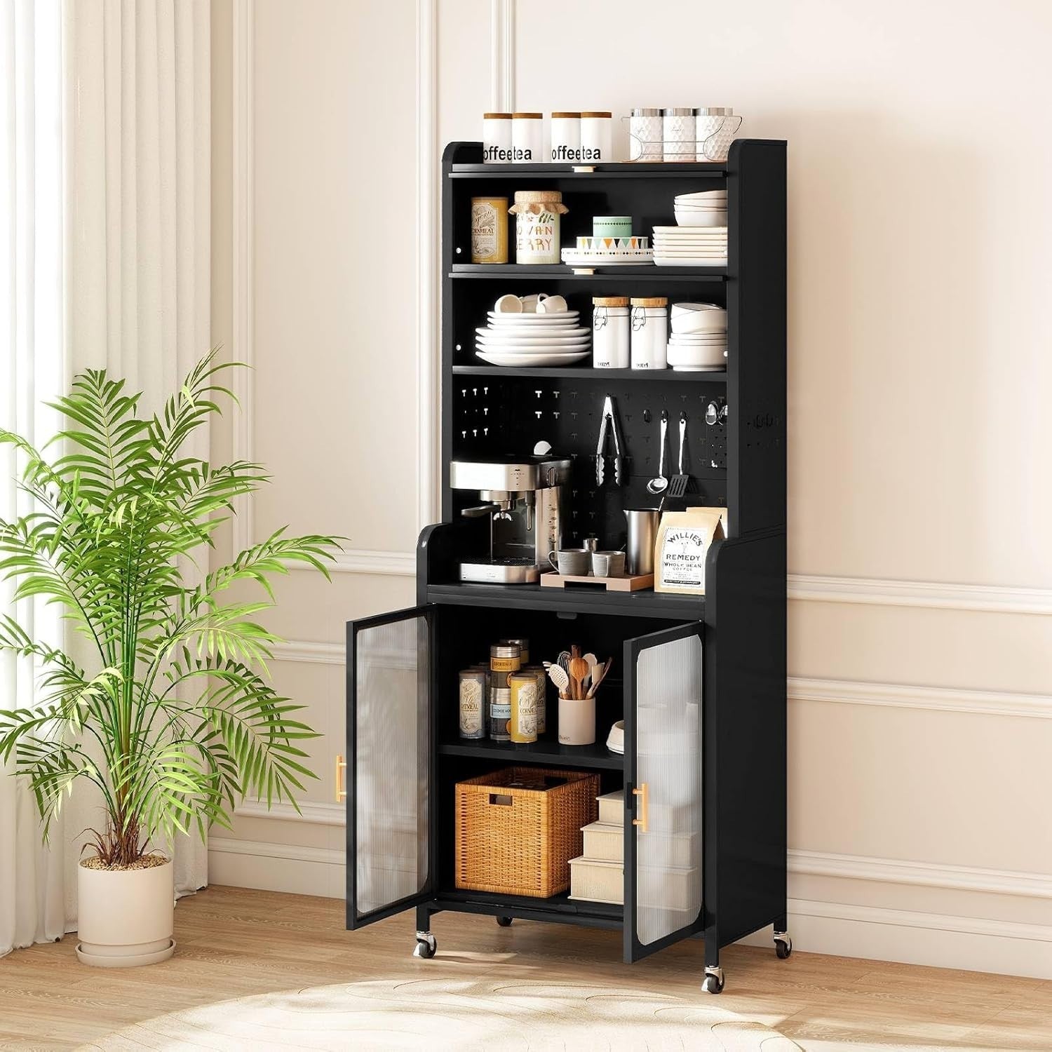 79x37x192cm Black 6-Tier Rolling Kitchen Cabinet with Flip Doors & Wheels