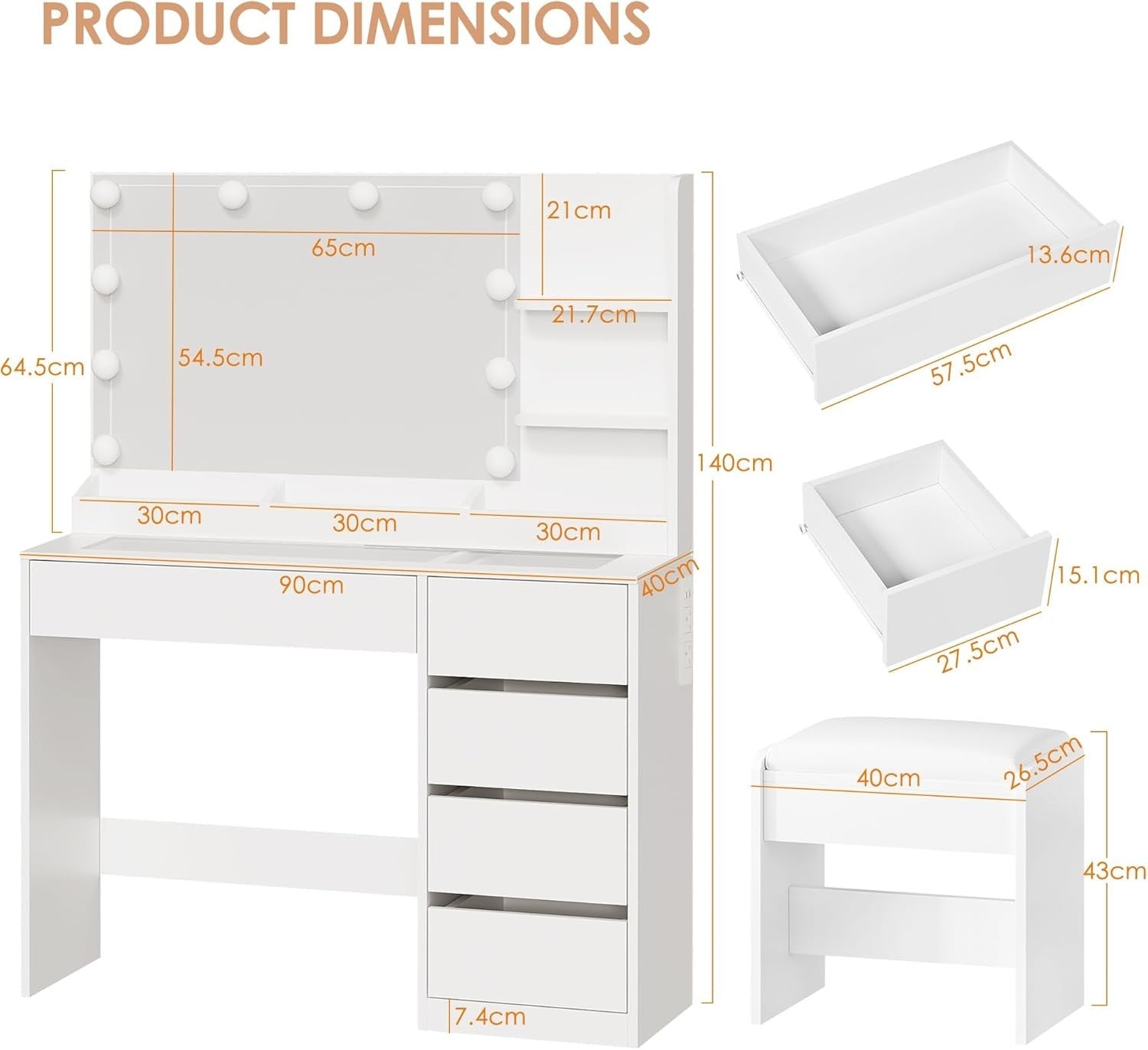 White Vanity Dressing Table Set LED Mirror Glass Top Charging Station 5 Drawers