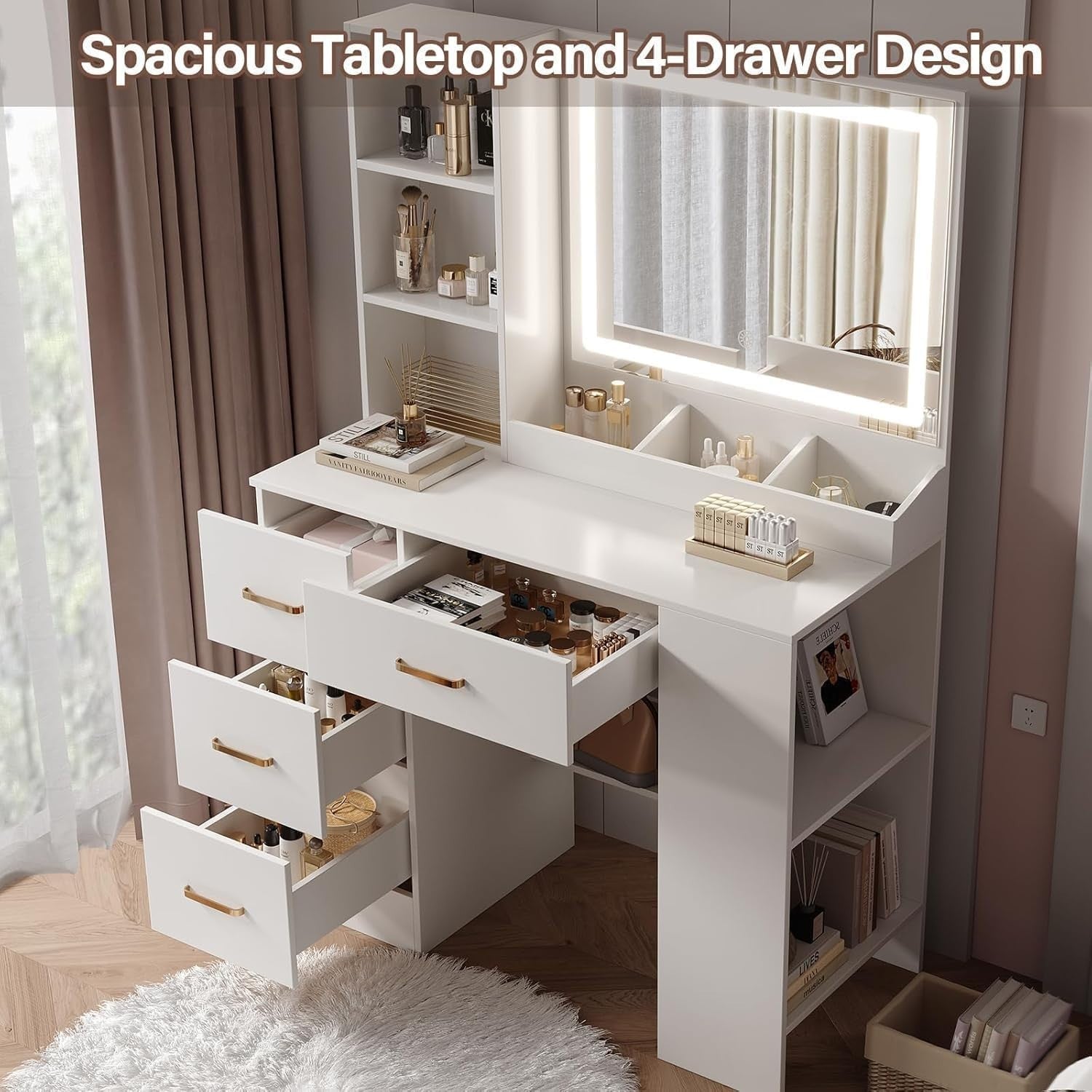 White Vanity Desk w/Lighted Sliding Mirror 4 Drawers Hidden Storage Cabinet