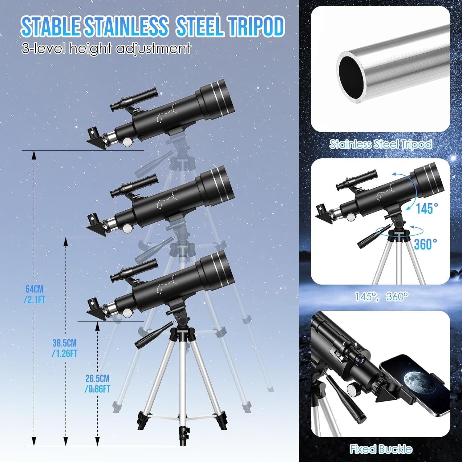 70mm Kids Astronomy Telescope, 400mm, with Phone Holder for Beginners