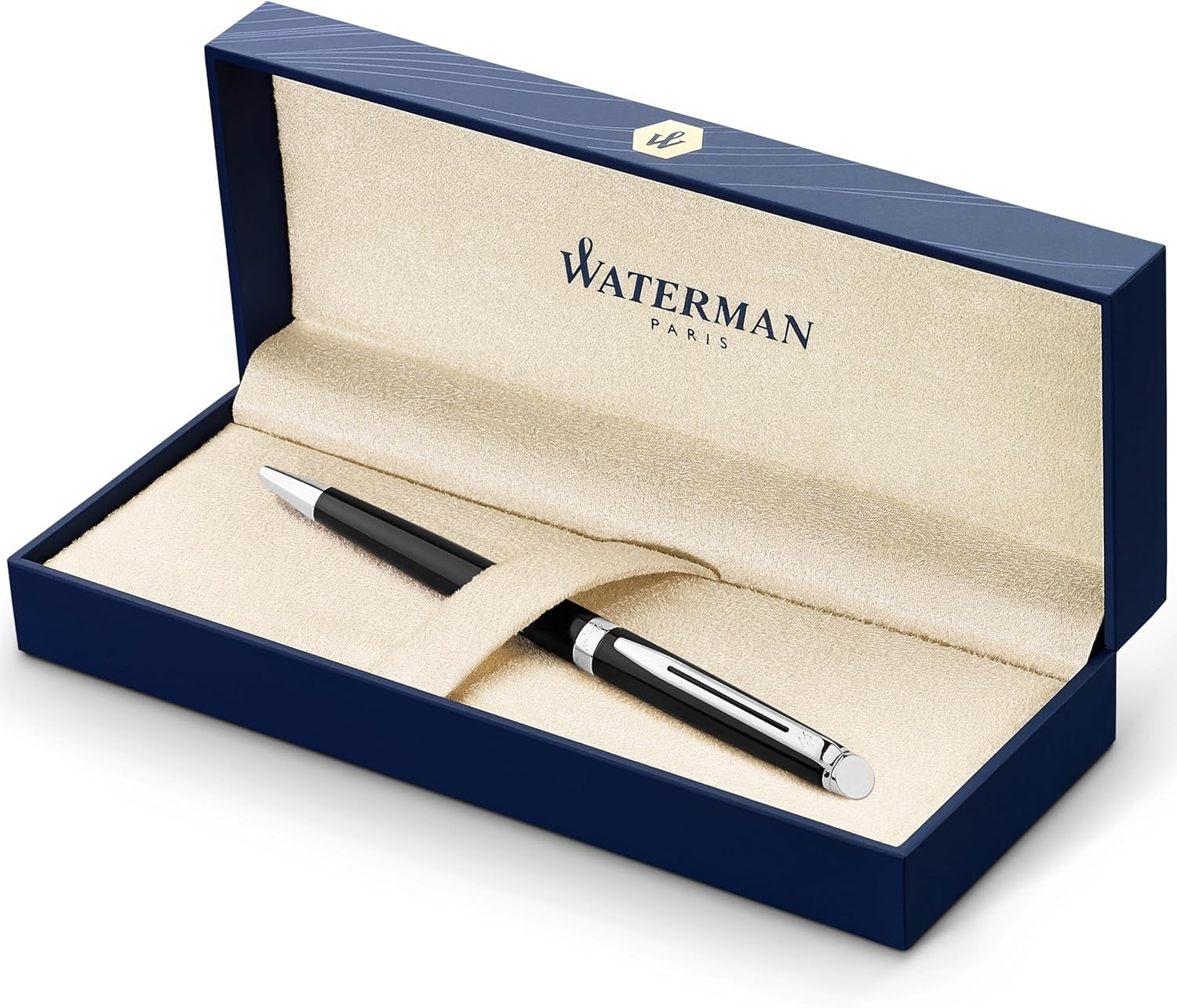 Luxury Ballpoint Pen – Gloss Black Barrel Chrome Trim, Medium Blue Ink