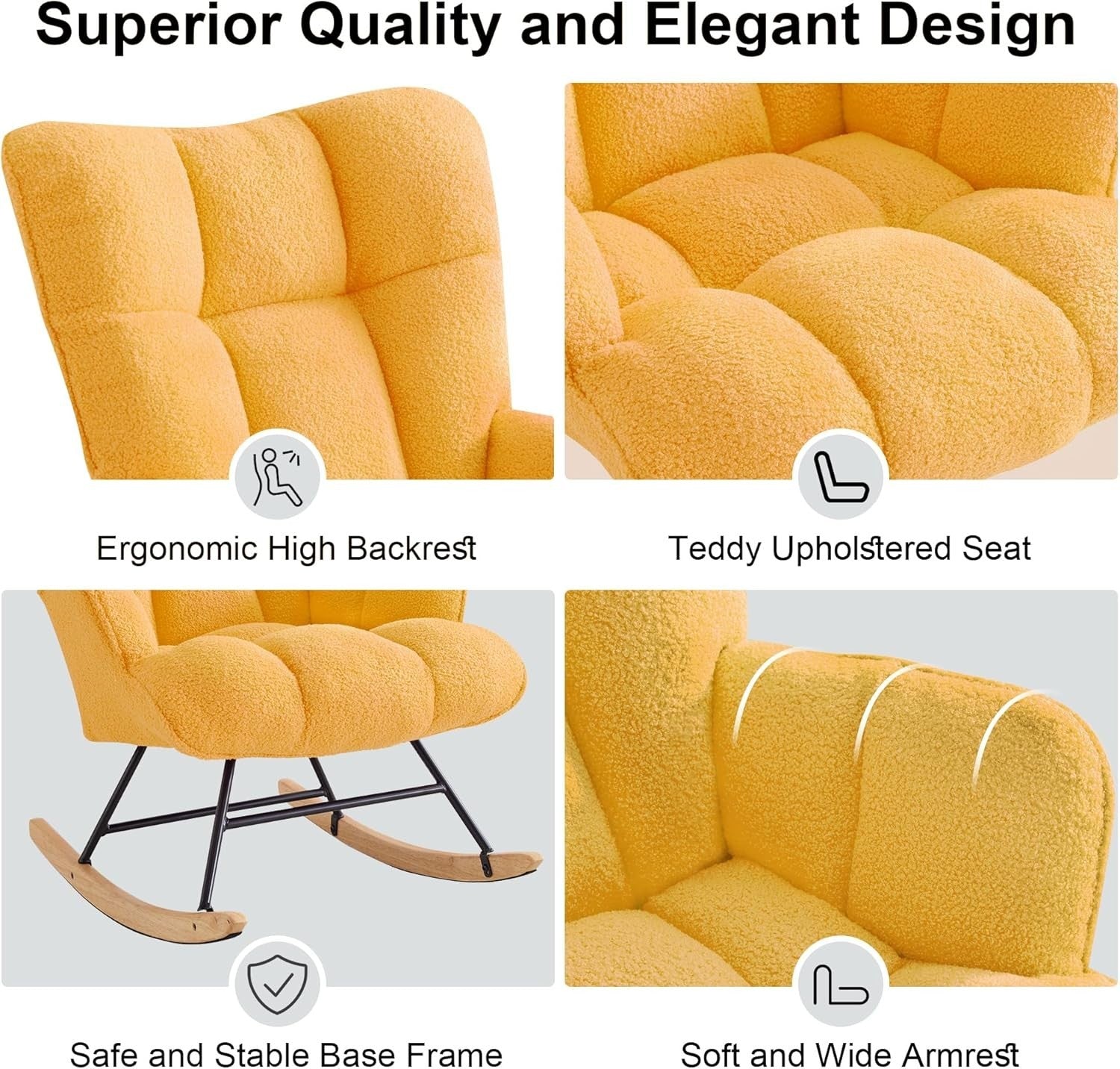 Rocking Chair Nursery Glider Comfy Armchair High Back Padded Seat Yellow Teddy
