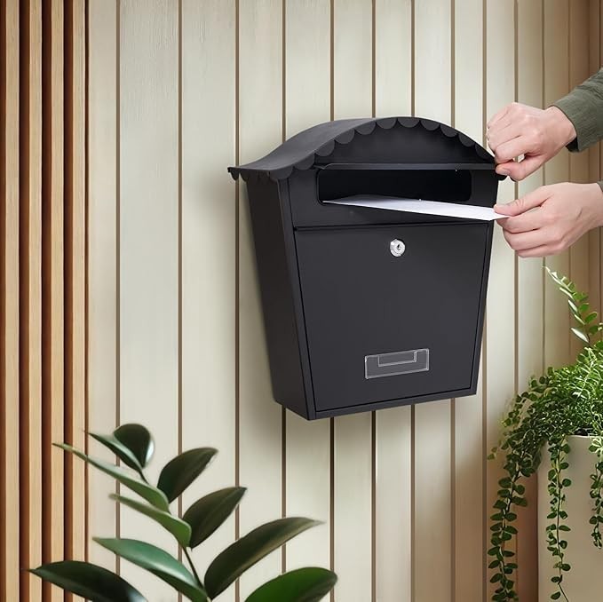 Lockable Wall Mounted Mailbox Black – Weatherproof Steel Post Box w/ 2 Keys