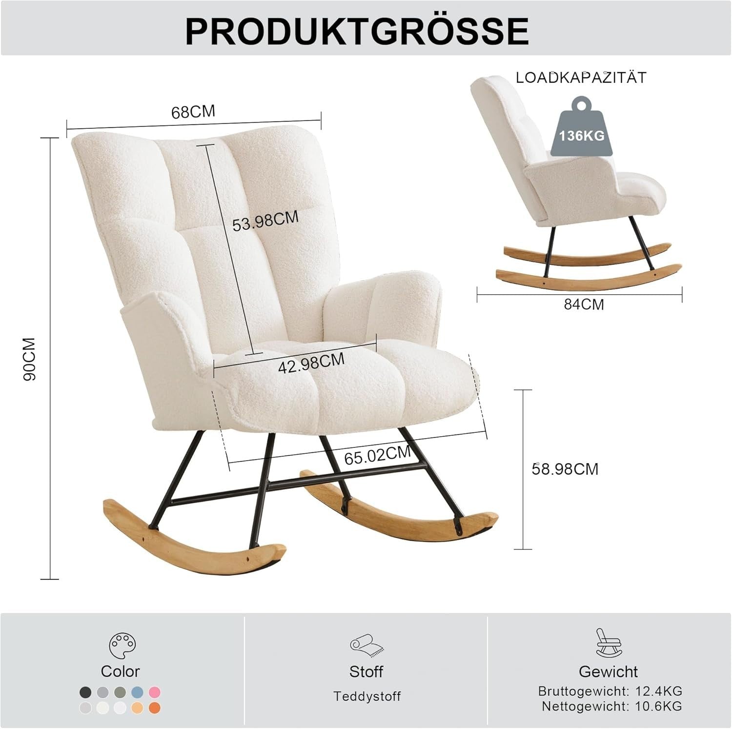 Rocking Chair Nursery Glider Comfy Armchair High Back Padded Seat Ivory Teddy