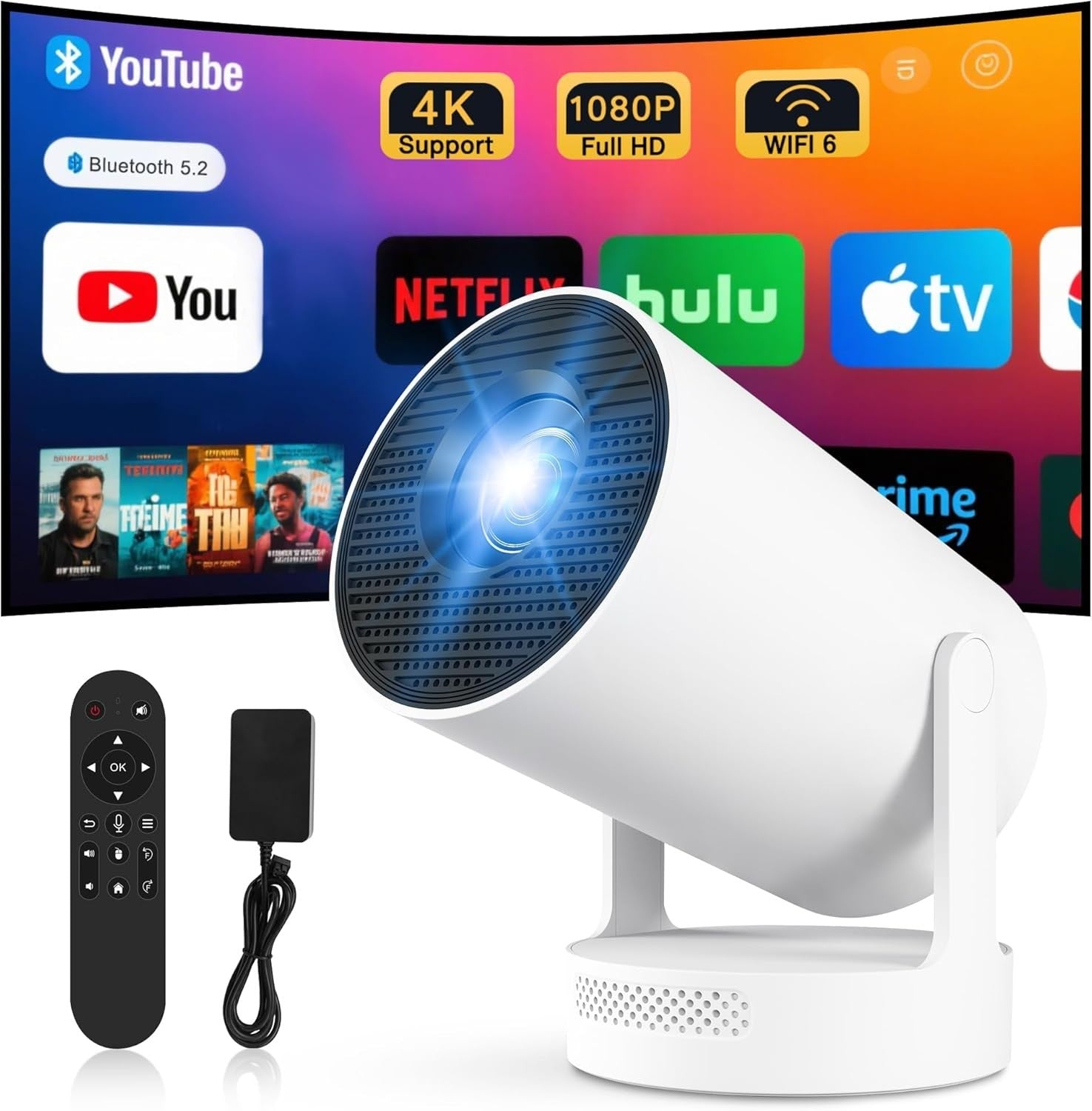 Android WiFi 6 Mini Projector 4K Support Motorized Focus 180° Portable