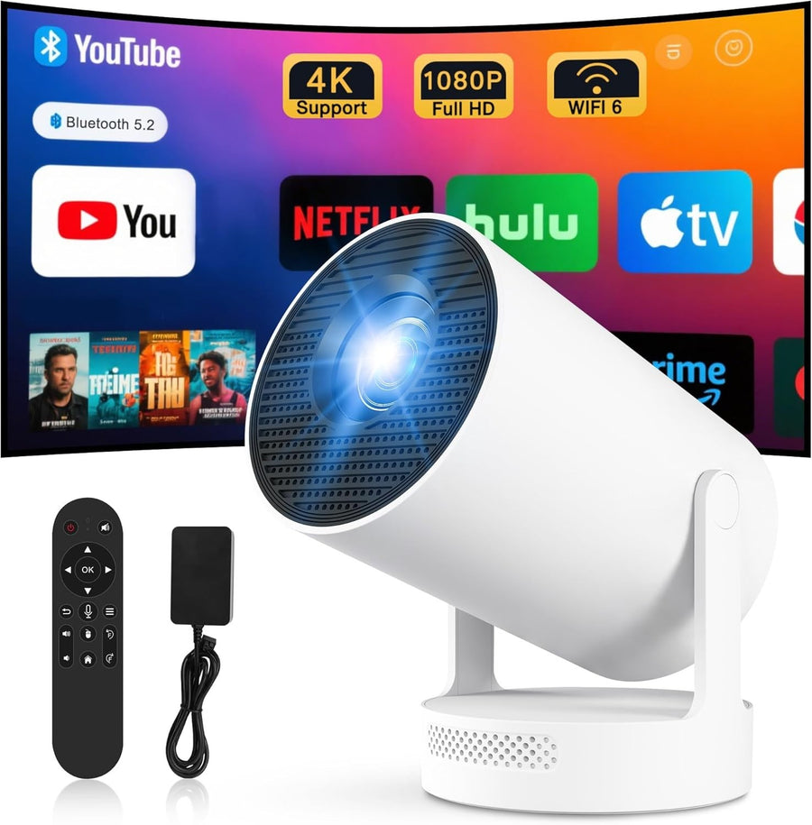 Android WiFi 6 Mini Projector 4K Support Motorized Focus 180° Portable