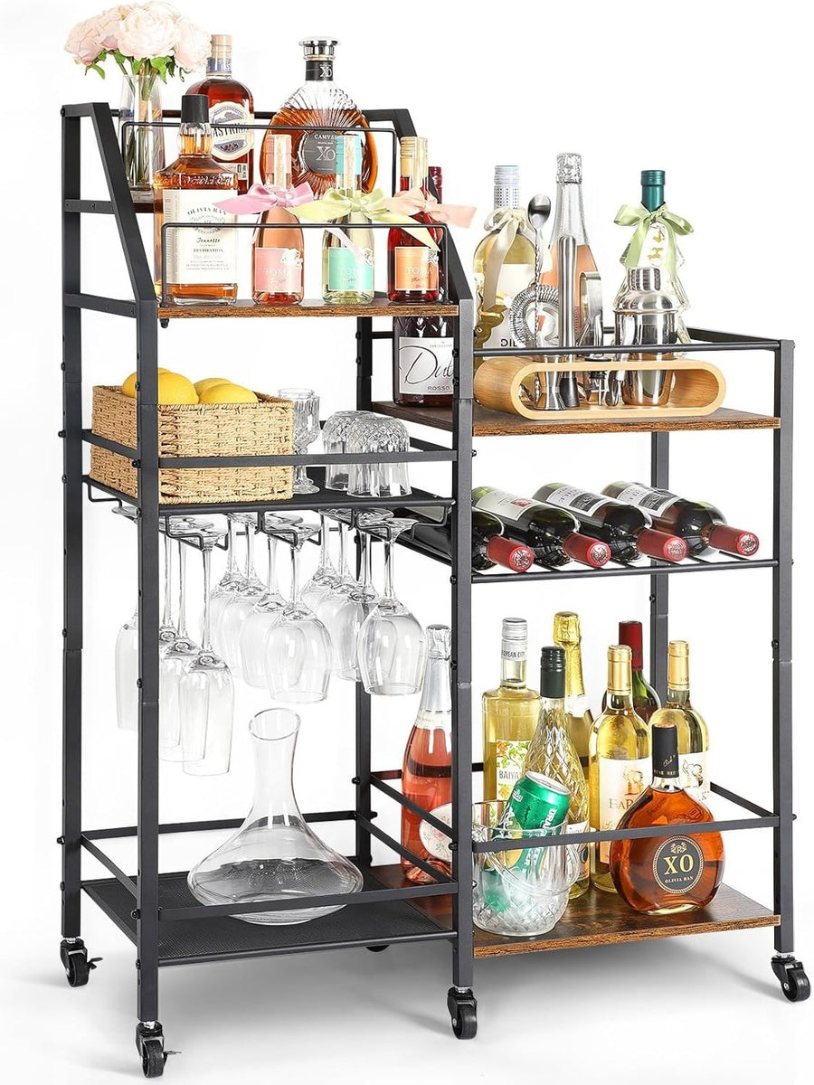 Rolling Bar Cart Drinks Trolley with Wine Rack & Glass Holder 3 Tier Storage