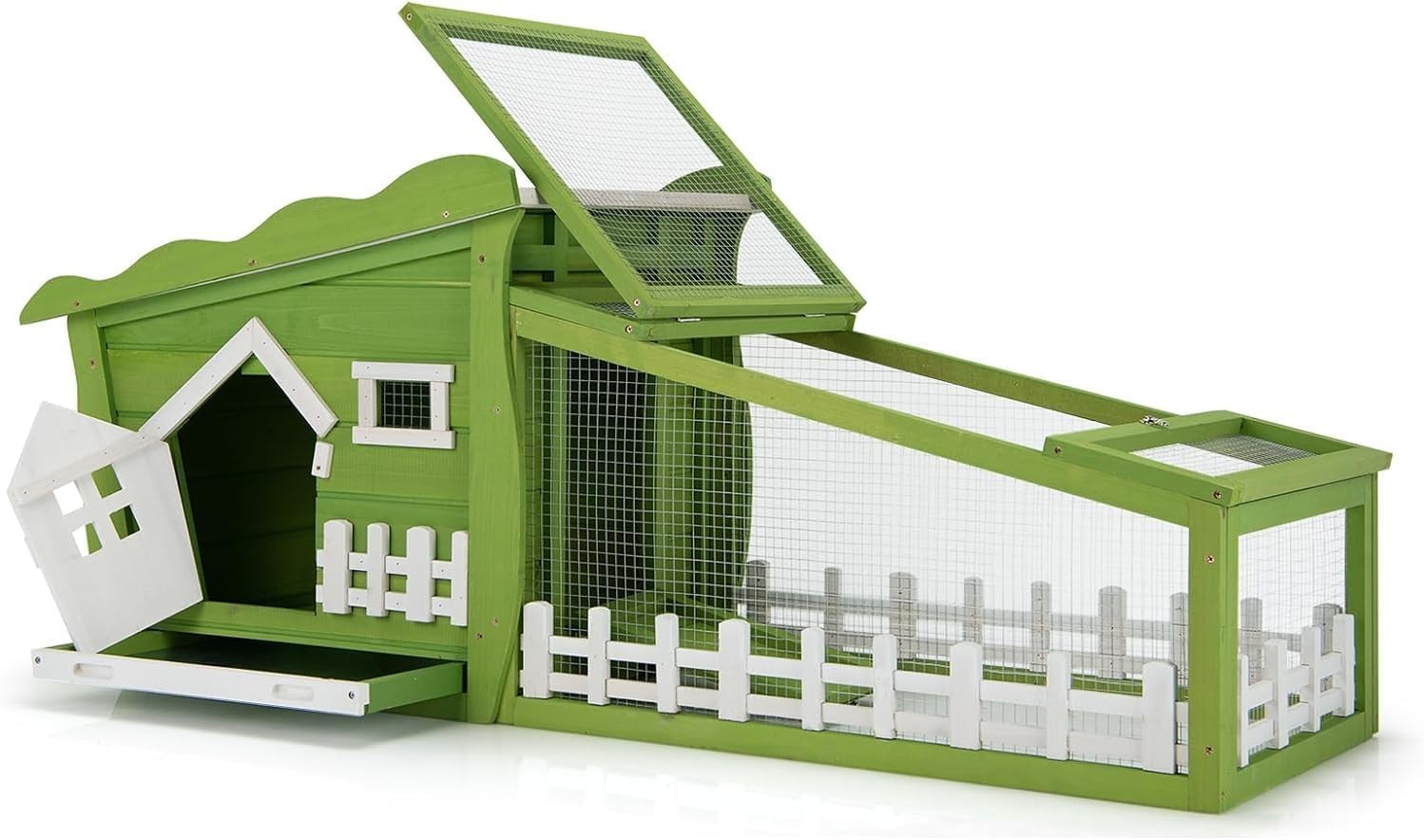 Wooden Rabbit Hutch with Run Outdoor Cage Slide Tray Lockable Door