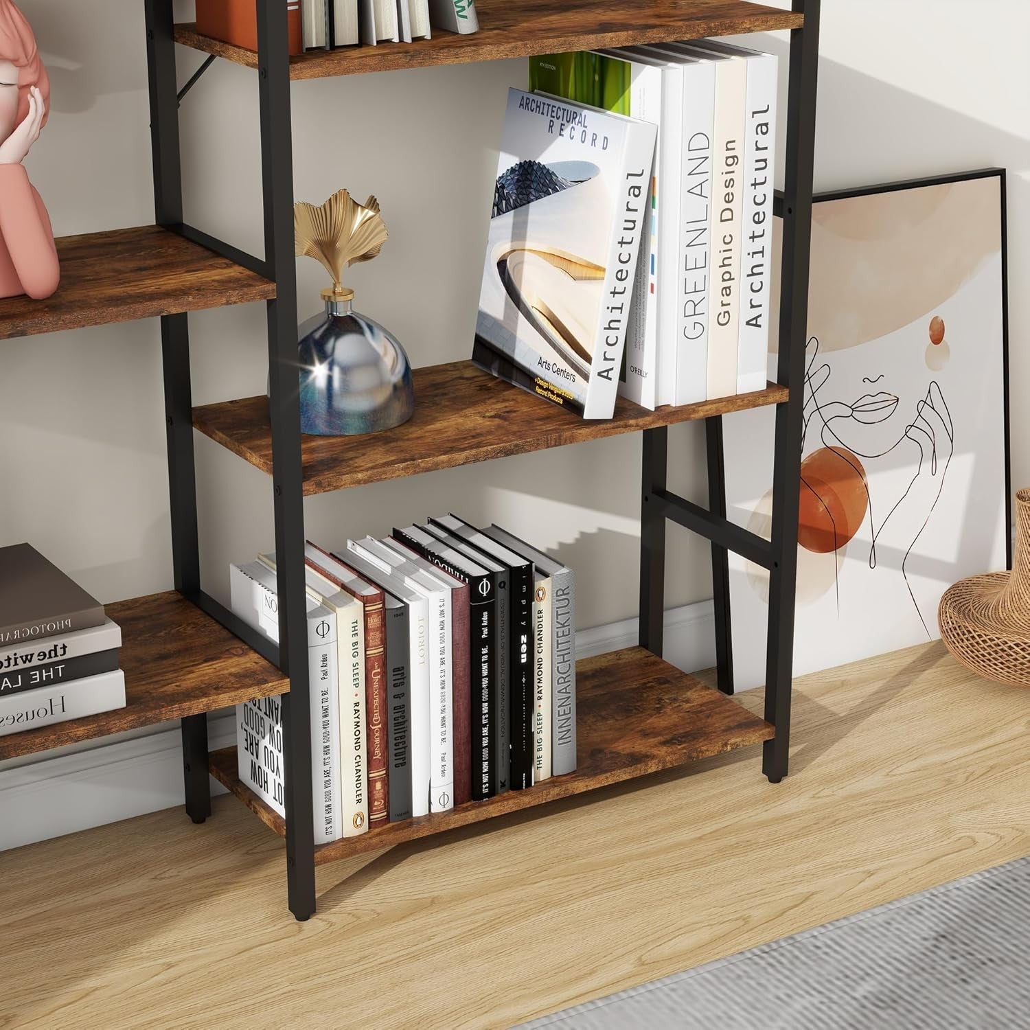 Industrial 5 Tier Bookcase Metal Frame Wooden Shelving Unit Display Storage