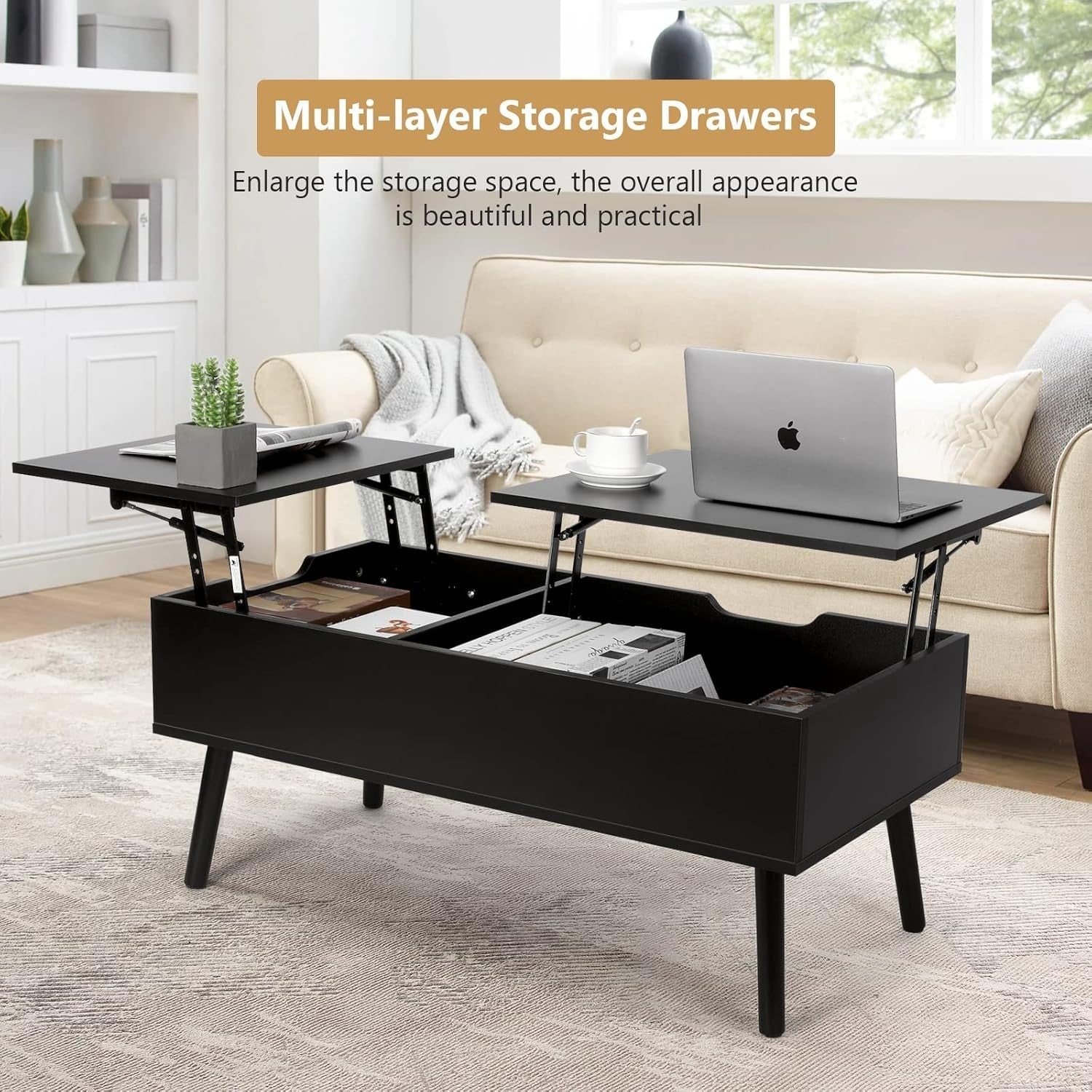 Black Lift Top Coffee Table with Hidden Storage & Dual Work Surfaces