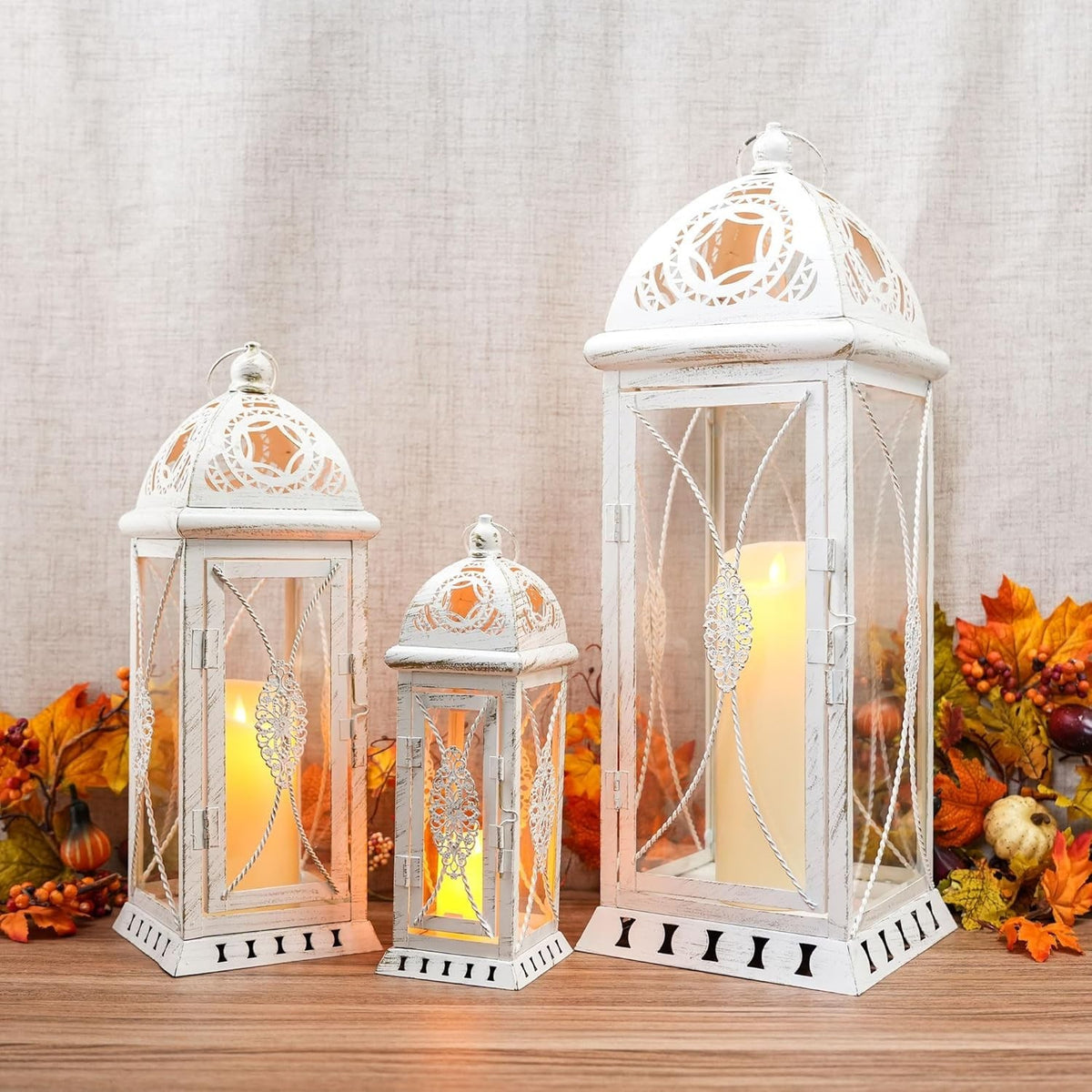 Beige Gold Lantern Set of 3 Vintage Metal Candle Holders