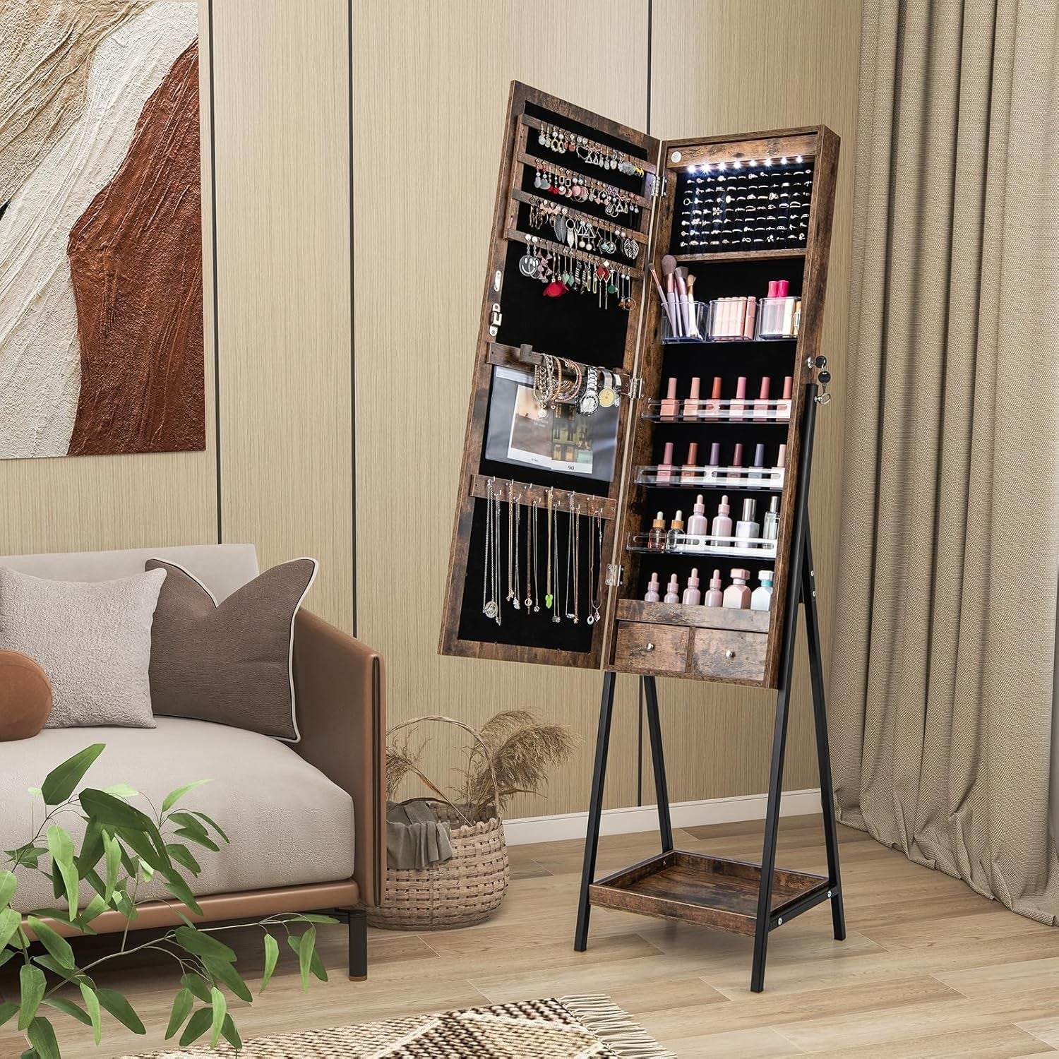 Rustic Brown LED Jewelry Cabinet Freestanding Lockable Mirror Storage