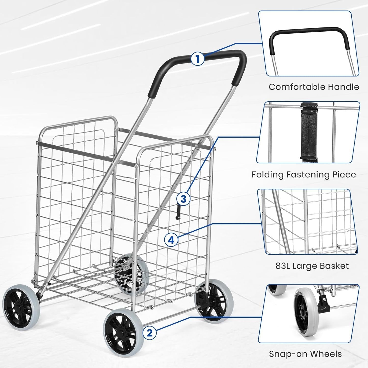 83L Folding Shopping Cart Metal Grocery Trolley Wheels Non-Slip Handle Silver