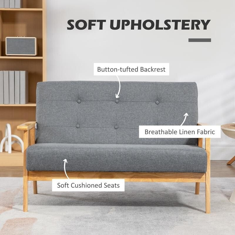 2 Seater Sofa Linen Fabric Couch Wooden Frame Tufted Armchair Dark Grey