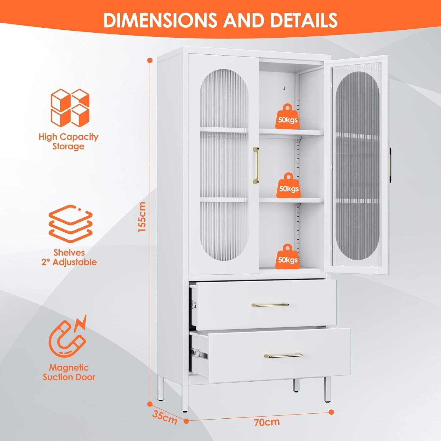 White Metal Office Storage Cabinet 2 Drawers Glass Doors 155H