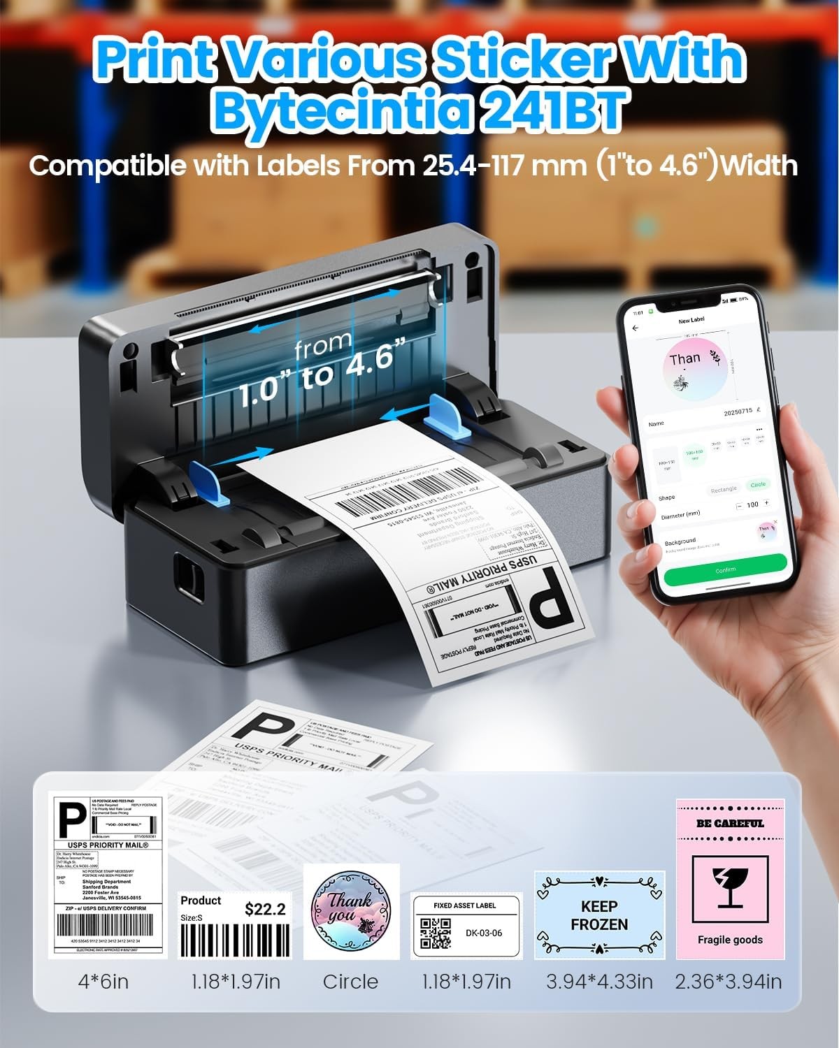 Bluetooth Shipping Label Printer 4x6 Thermal USB Wireless