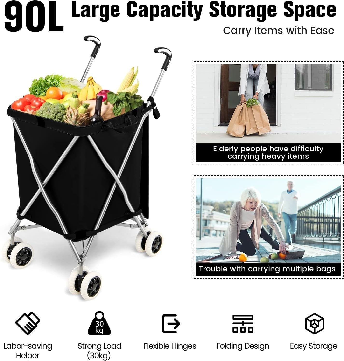 90L Folding 8-Wheel Utility Shopping Cart Trolley Lightweight Black
