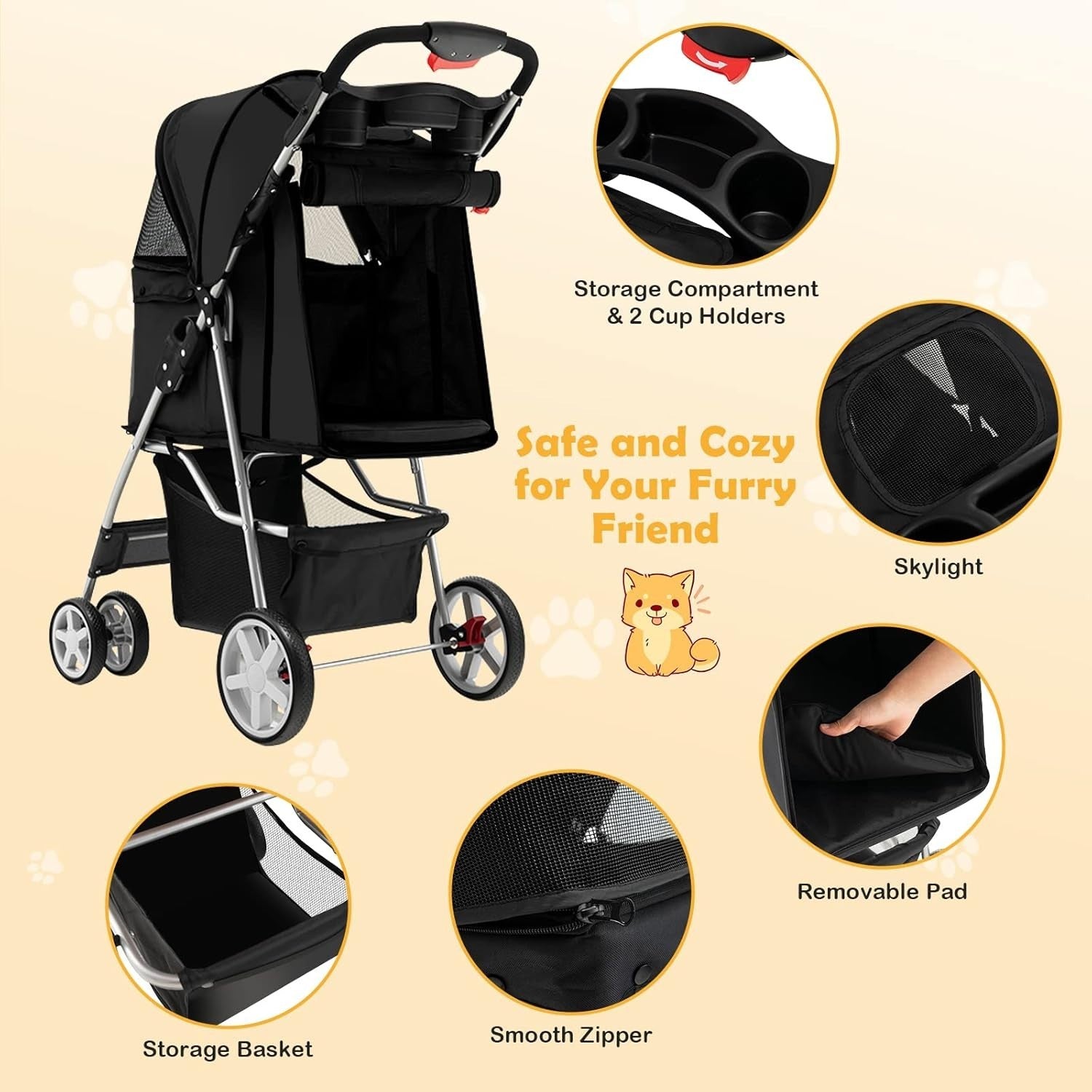 Black Pet Stroller Foldable Dog Cat Pushchair 15kg Storage Basket
